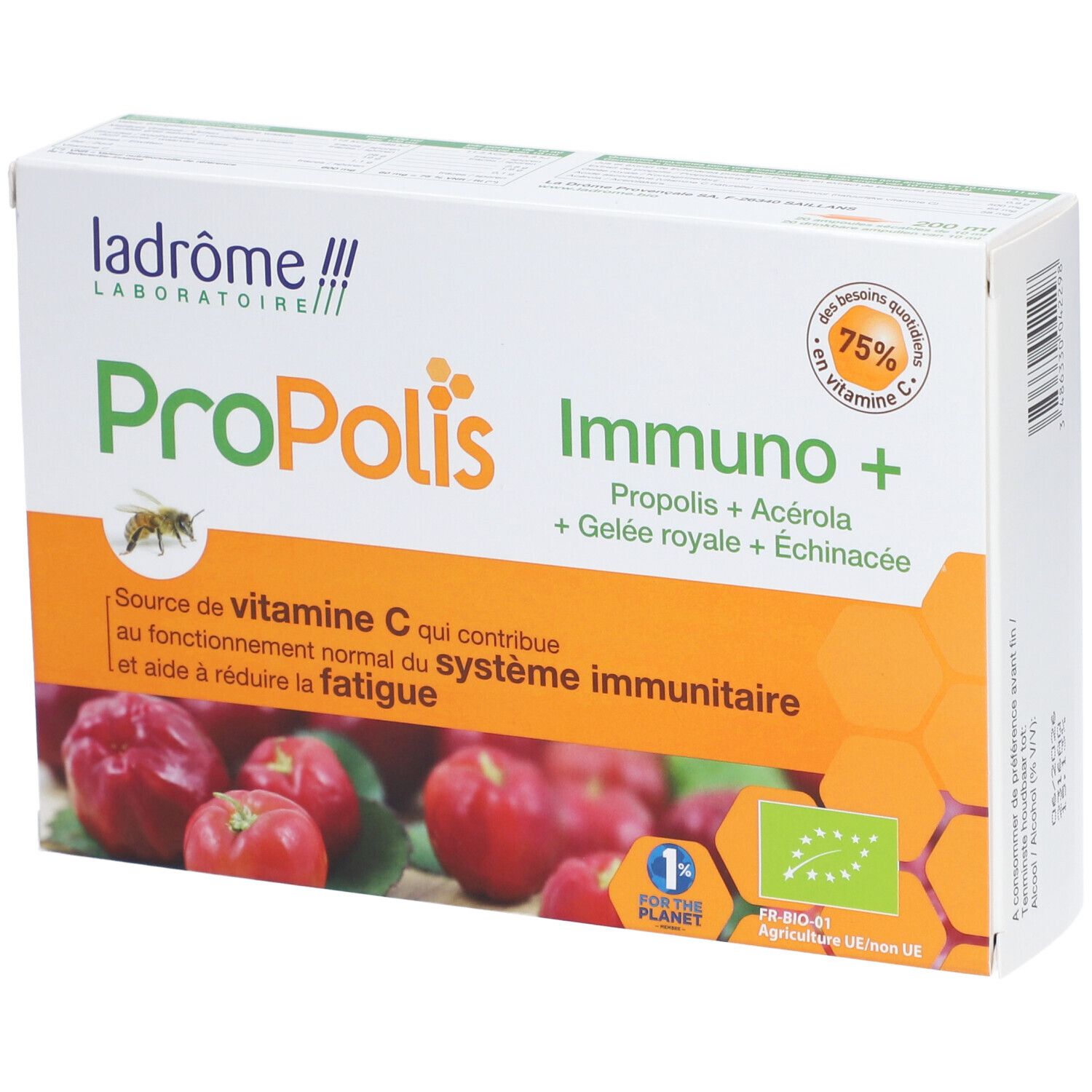 Verpakking Ladrôme Propolis Immuno+. Bevat Propolis, Acerola, Koninginnengelei en Echinacea. Bio-label.