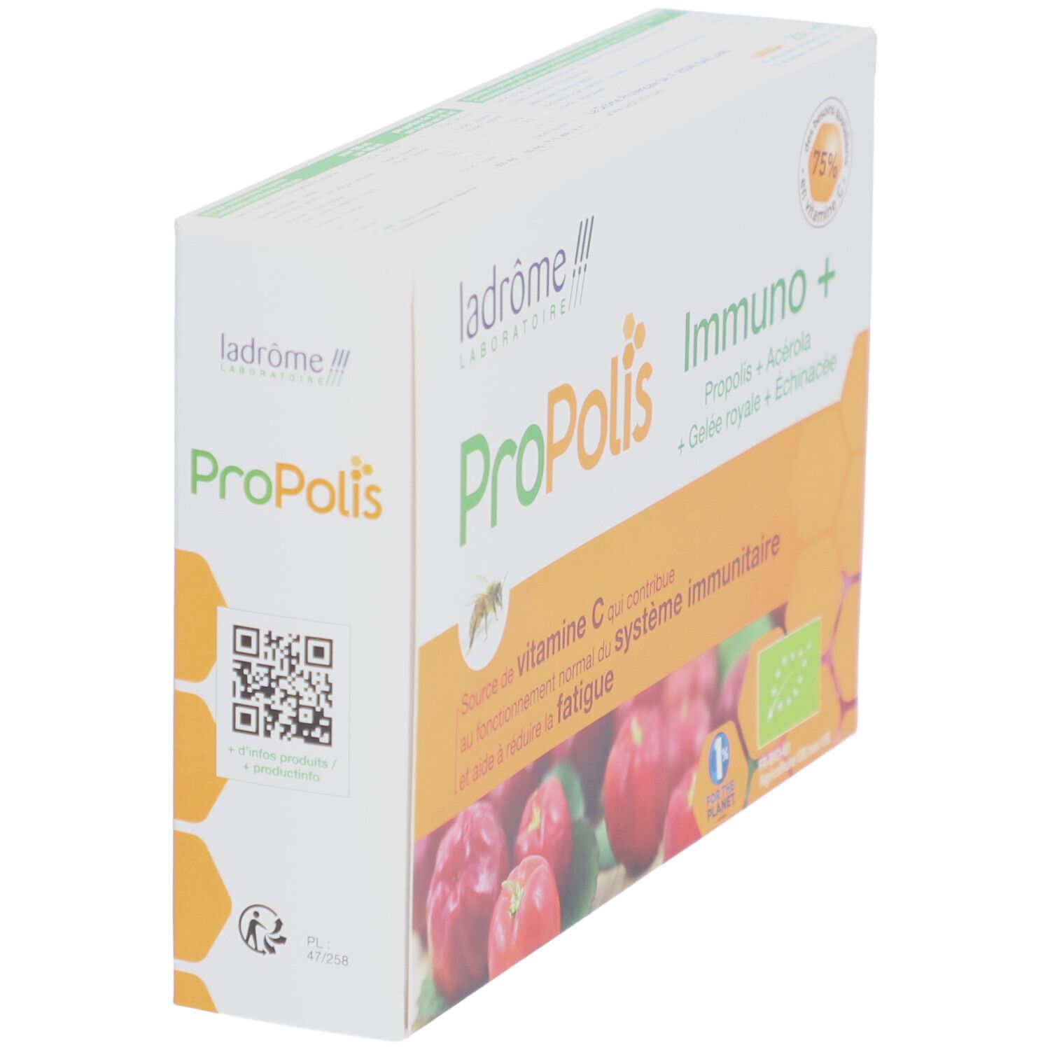 Schuin geplaatste verpakking Ladrôme Propolis Immuno+. Met bio-label en QR-code.