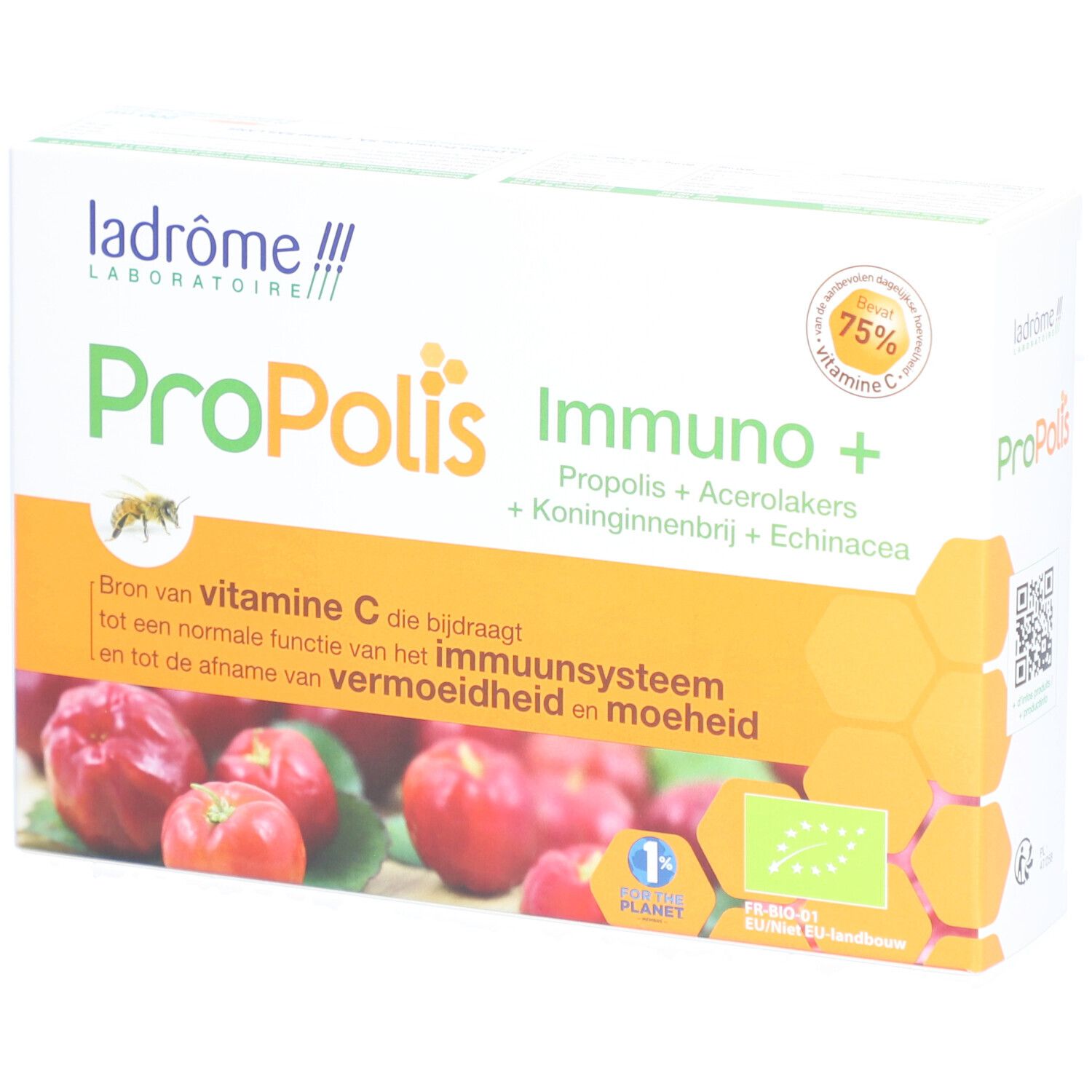 Verpakking Ladrôme Propolis Immuno+. Bevat Propolis, Acerola, Koninginnengelei en Echinacea. Bio-label.