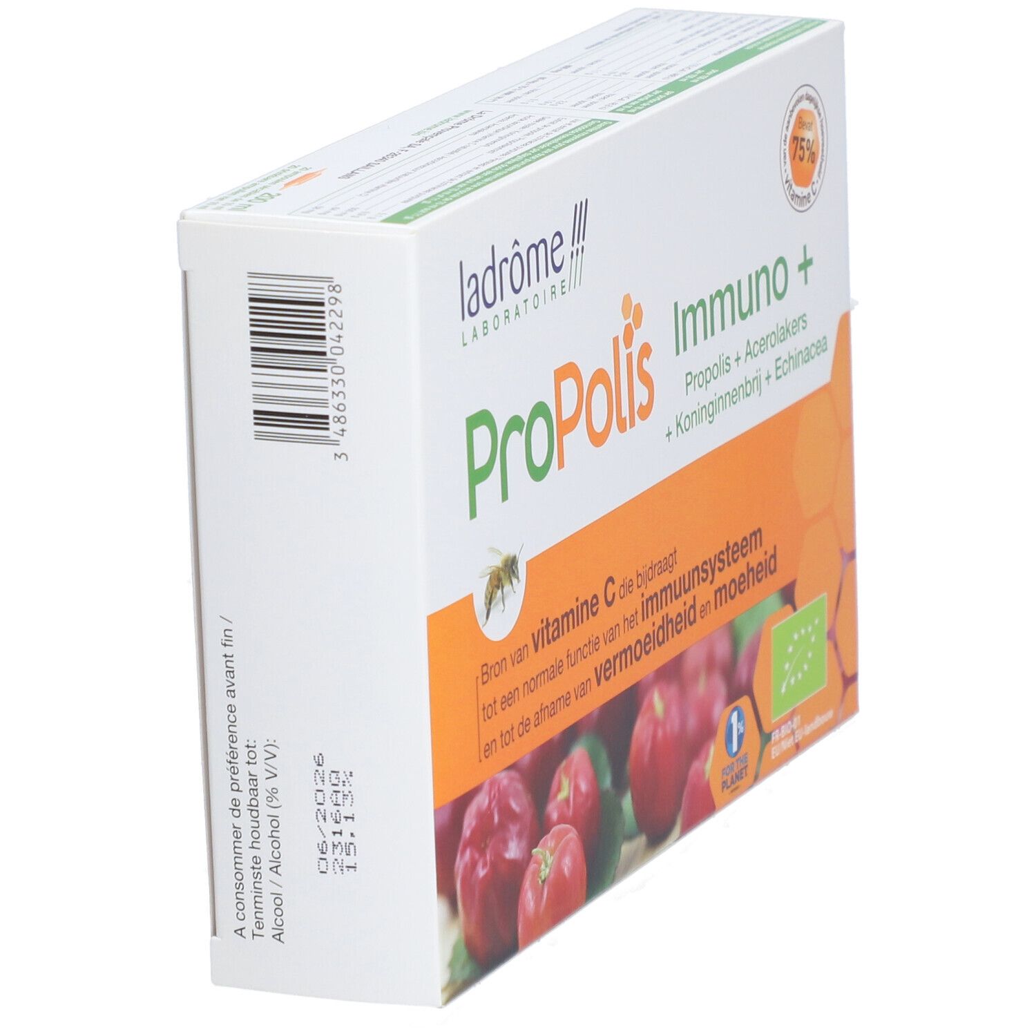 Schuin geplaatste verpakking Ladrôme Propolis Immuno+. Met bio-label en houdbaarheidsdatum.