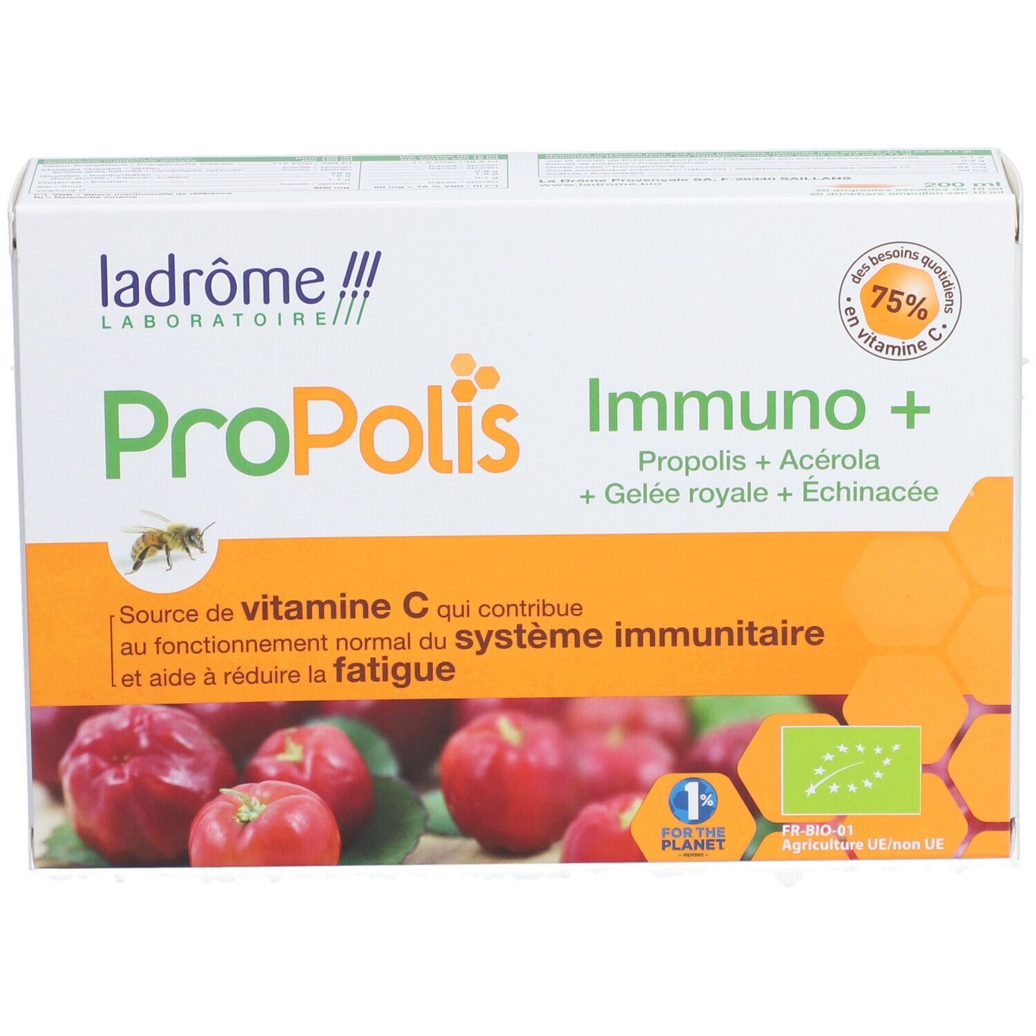 Verpakking Ladrôme Propolis Immuno+. Bevat Propolis, Acerola, Koninginnengelei en Echinacea. Bio-label.