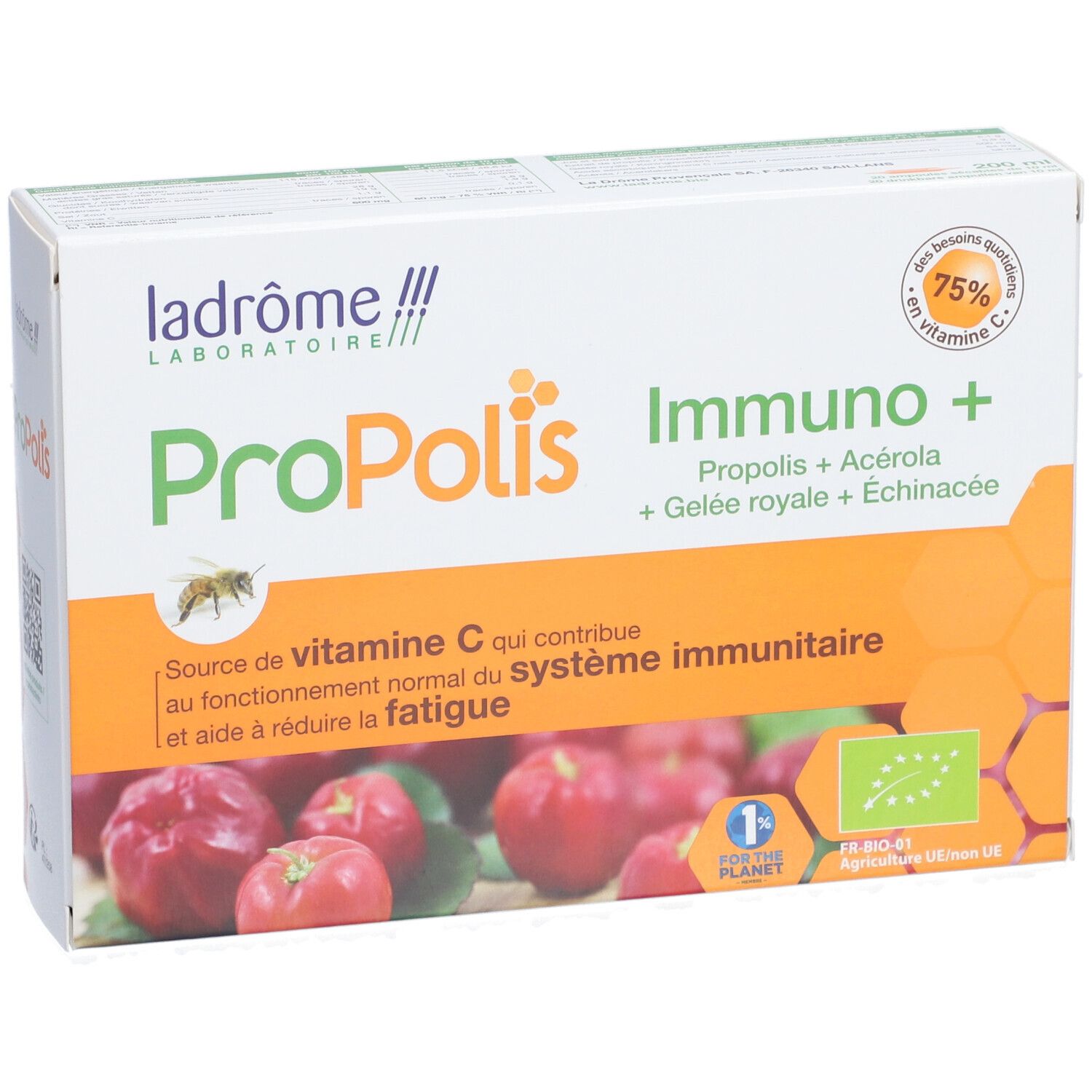 Verpakking Ladrôme Propolis Immuno+. Bevat Propolis, Acerola, Koninginnengelei en Echinacea. Bio-label.