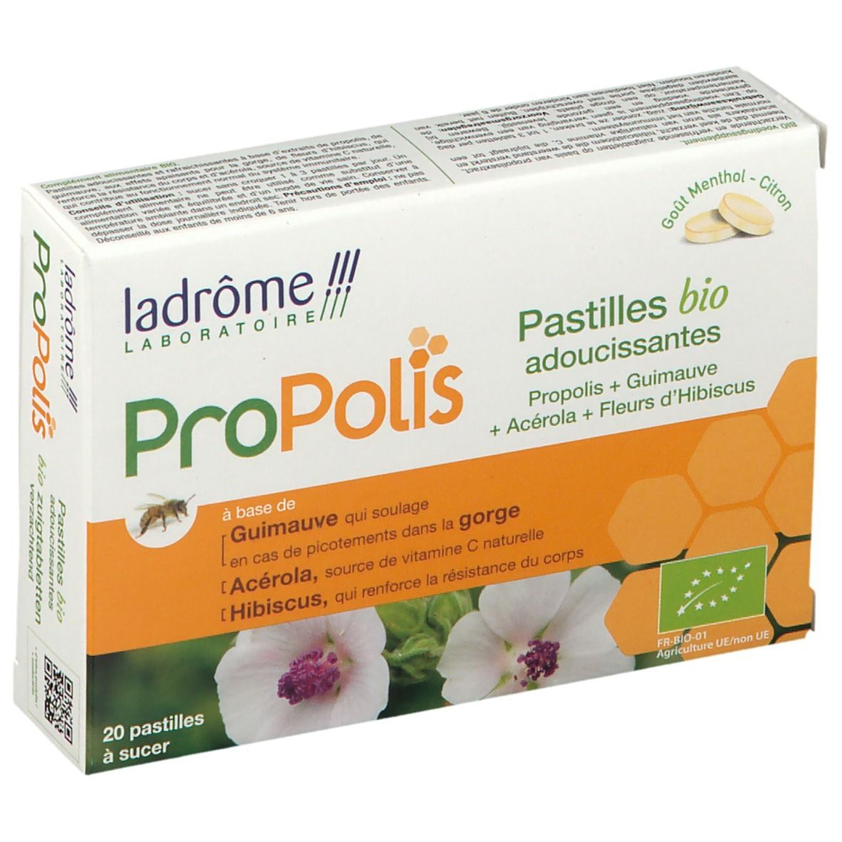 Doosje Ladrôme Propolis zuigtabletten. Bevat 20 pastilles. Opschrift Propolis, ingrediënten en bio-keurmerk.