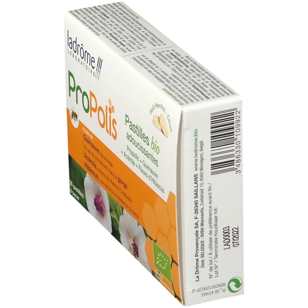 Zijkant van een doosje Ladrôme Propolis zuigtabletten. Opschrift Propolis, ingrediënten, bio-keurmerk en barcode.