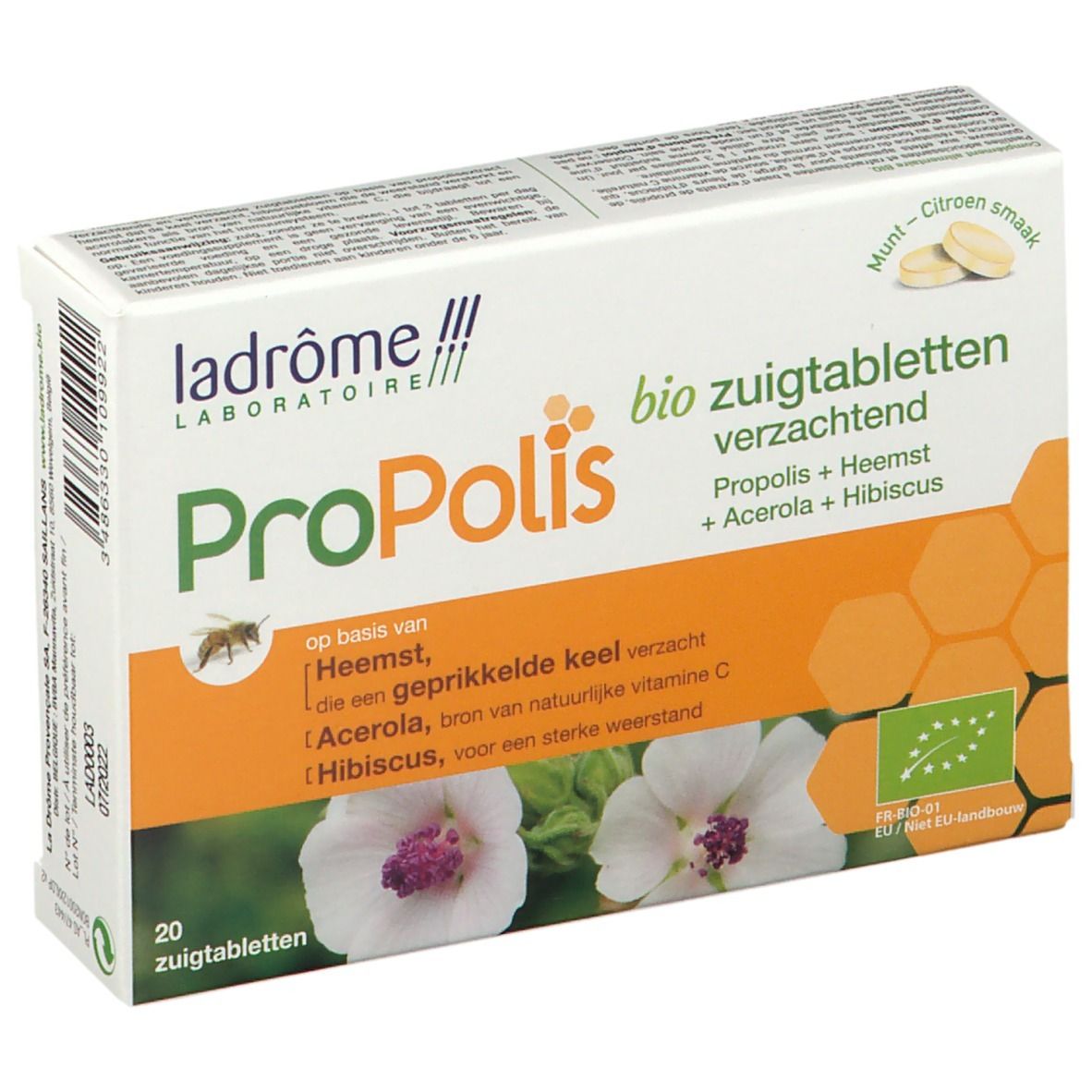 Doosje Ladrôme Propolis zuigtabletten. Opschrift Propolis, 20 tabletten. Ingrediënten: Heemst, Acerola, Hibiscus. Bio-keurmerk.