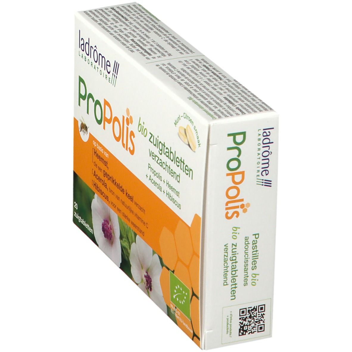 Zijkant van een doosje Ladrôme Propolis zuigtabletten. Opschrift Propolis, ingrediënten, bio-keurmerk en QR-code.