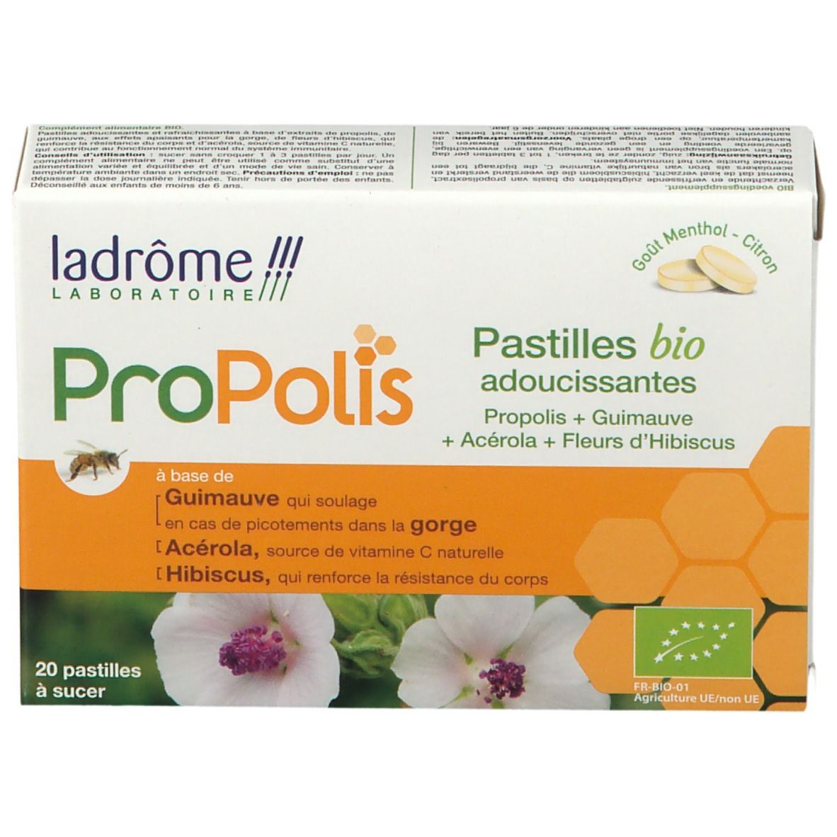 Doosje Ladrôme Propolis zuigtabletten. Bevat 20 pastilles. Opschrift Propolis, ingrediënten en bio-keurmerk.