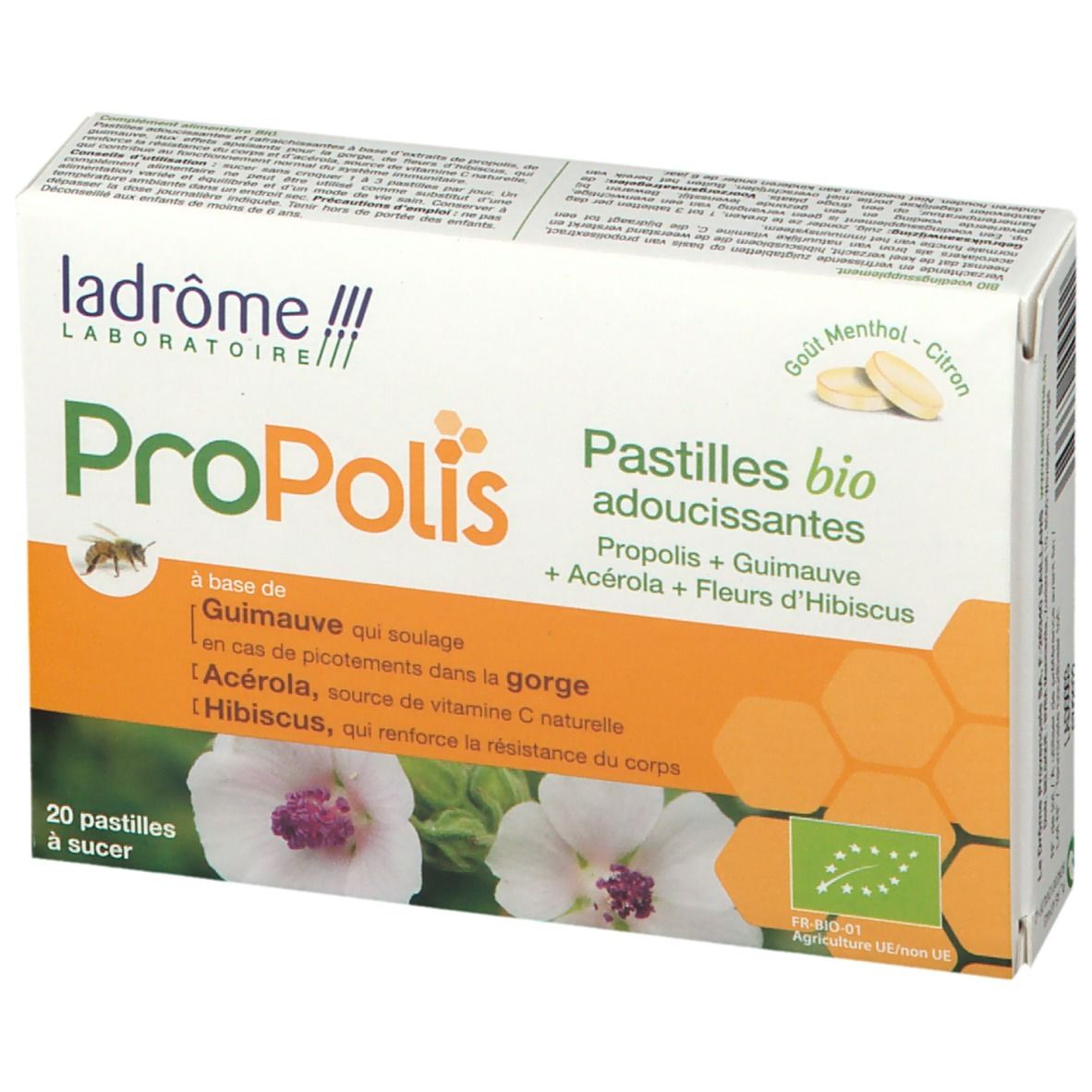 Doosje Ladrôme Propolis zuigtabletten. Bevat 20 pastilles. Opschrift Propolis, ingrediënten en bio-keurmerk.