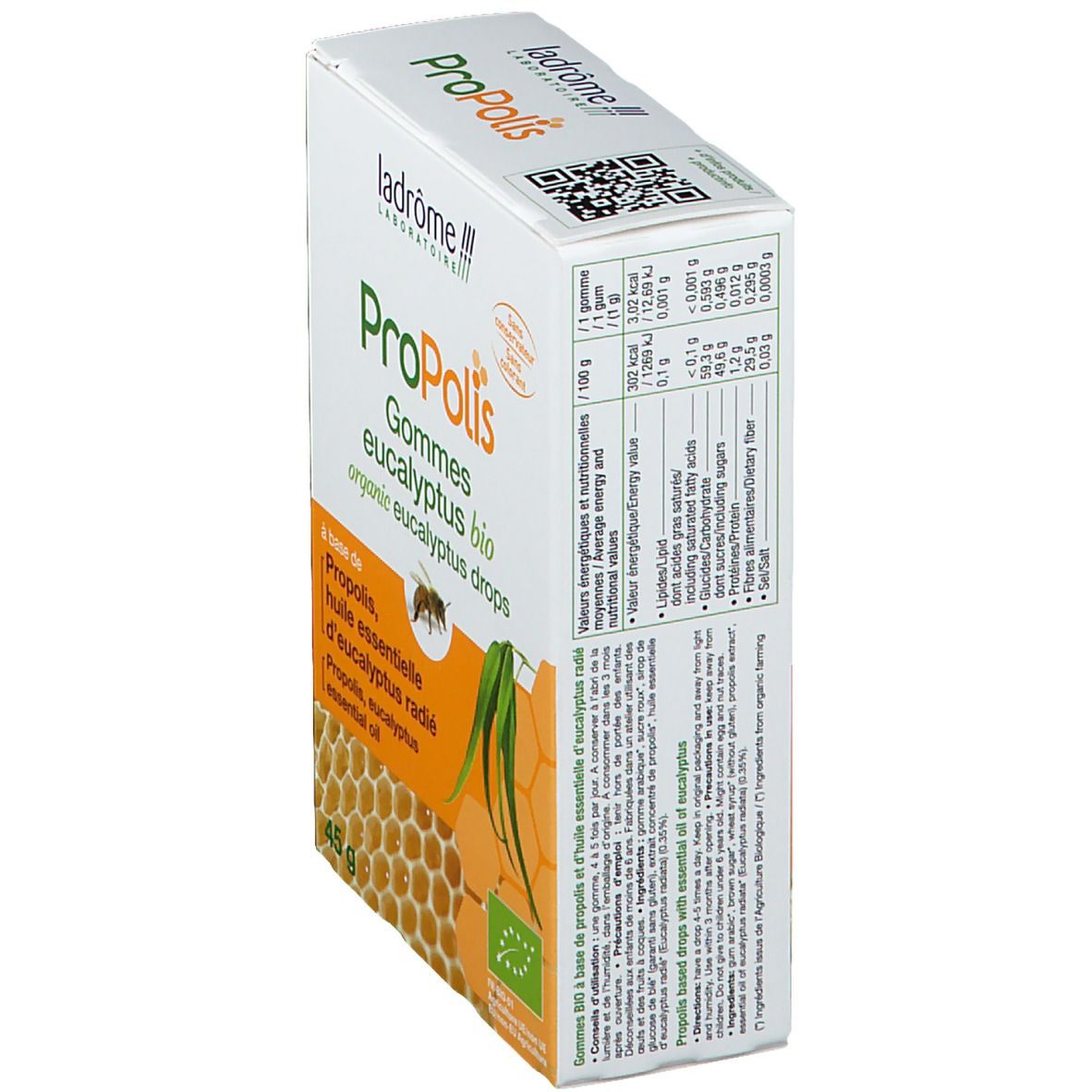 Boîte de gommes Propolis eucalyptus bio. Contient une image d'abeille, de feuilles d'eucalyptus et de rayons de miel. 45g.