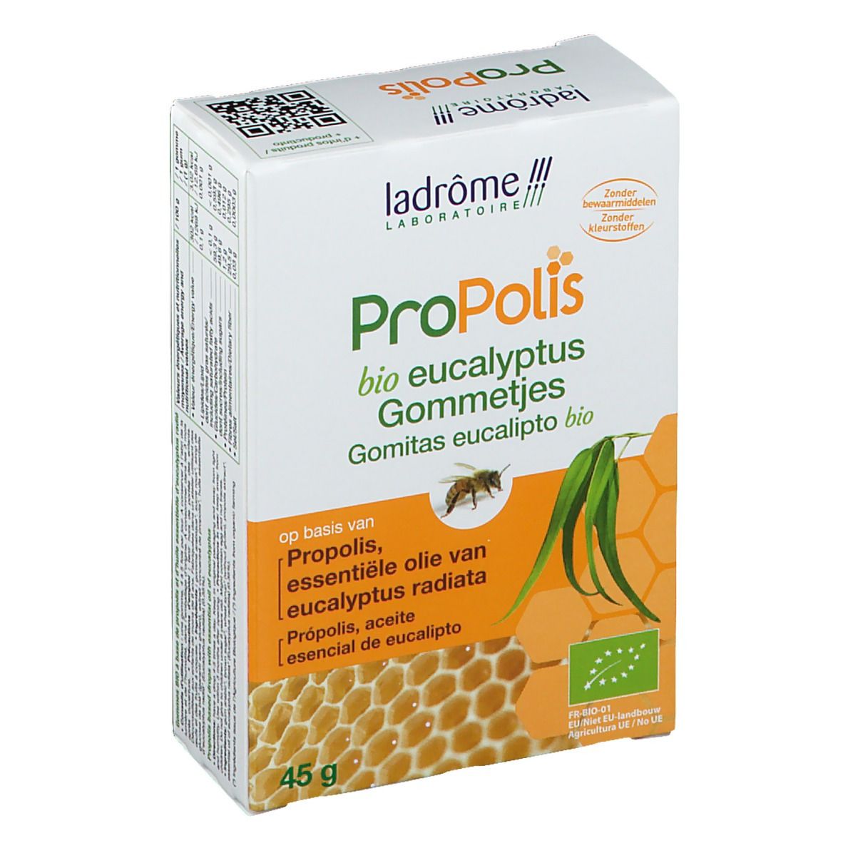 Boîte de gommes Propolis eucalyptus bio. Contient une image d'abeille, de feuilles d'eucalyptus et de rayons de miel. 45g.