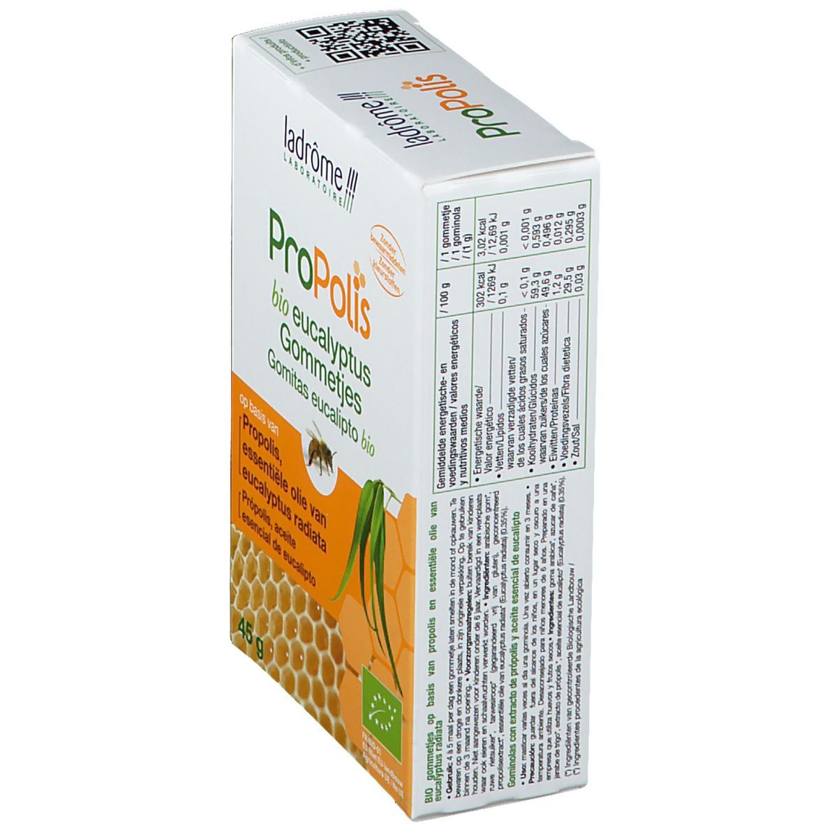 Boîte de gommes Propolis eucalyptus bio. Contient une image d'abeille, de feuilles d'eucalyptus et de rayons de miel. 45g.