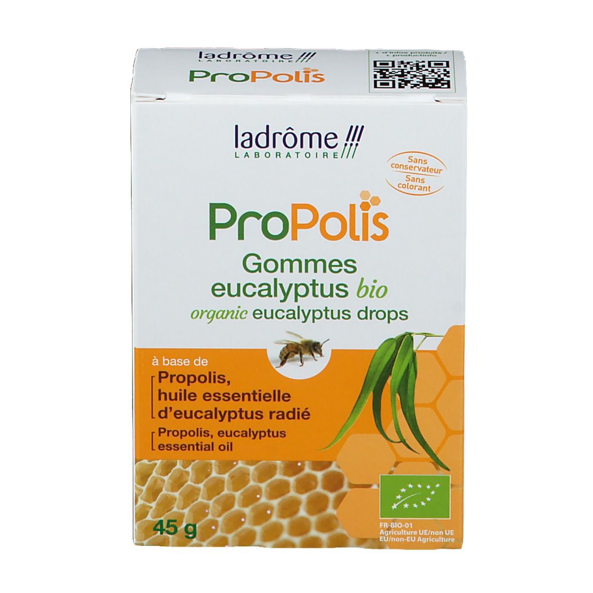Boîte de gommes Propolis eucalyptus bio. Contient une image d'abeille, de feuilles d'eucalyptus et de rayons de miel. 45g.