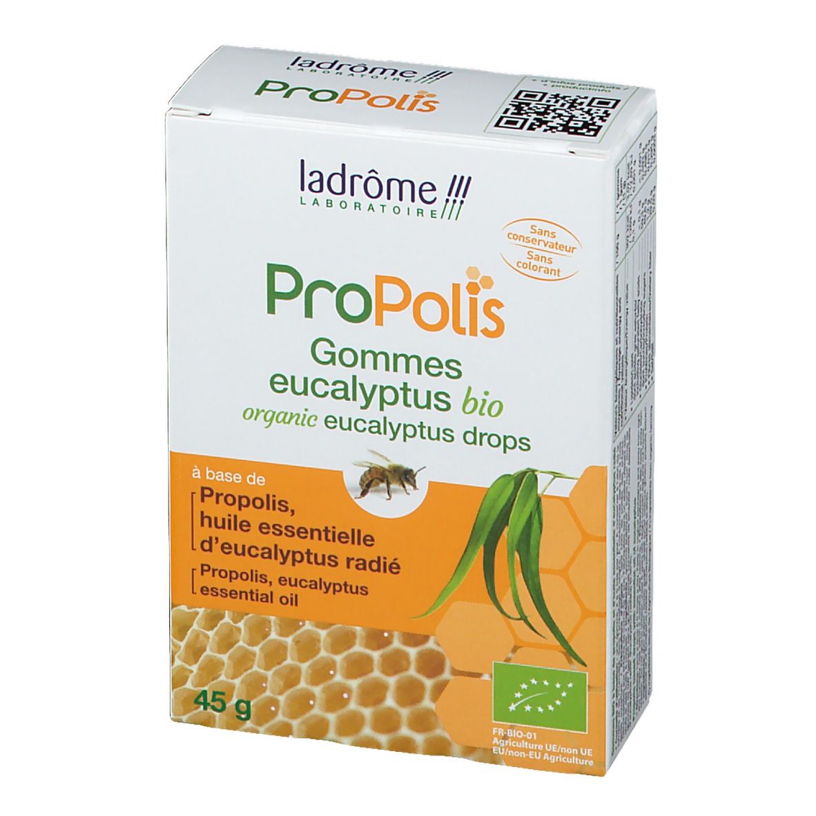 Boîte de gommes Propolis eucalyptus bio. Contient une image d'abeille, de feuilles d'eucalyptus et de rayons de miel. 45g.