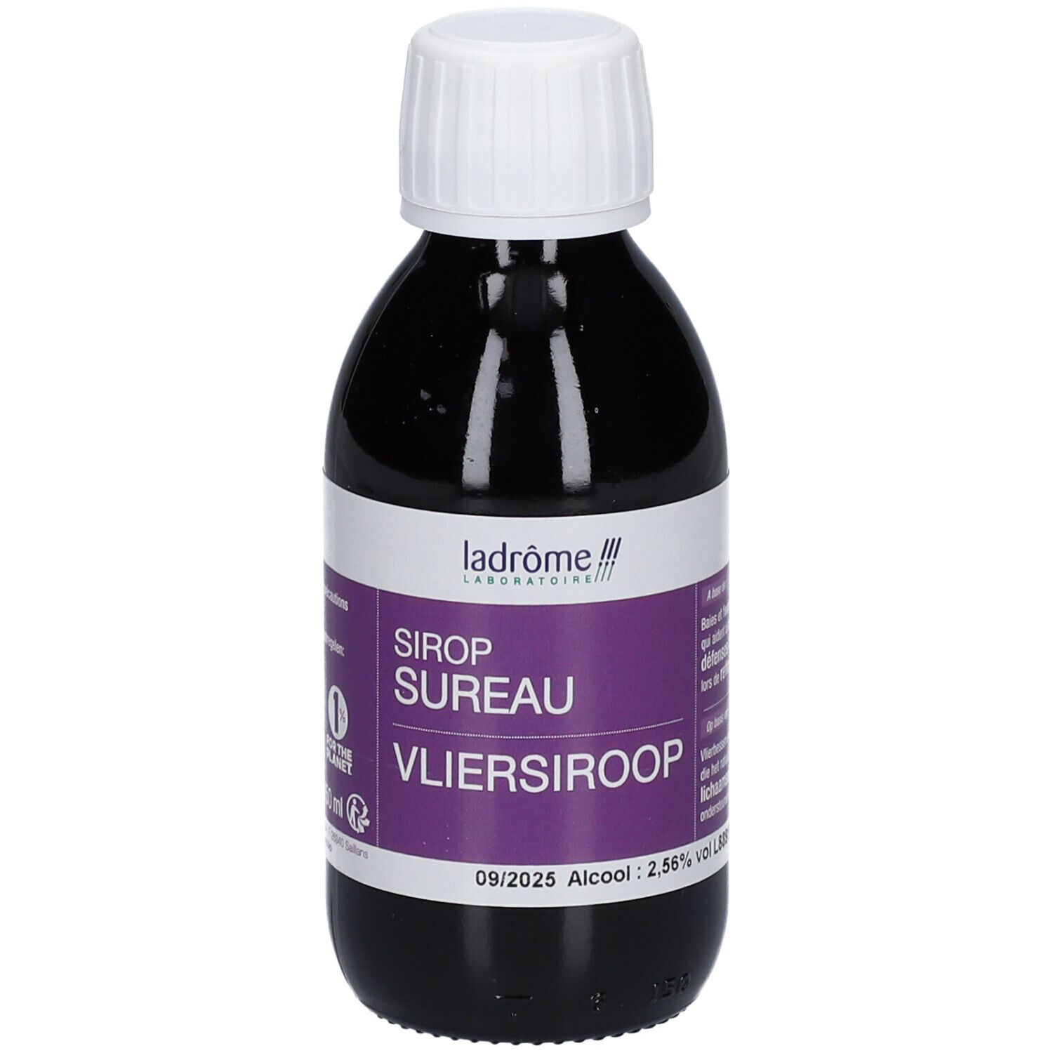 Bouteille avec liquide foncé. Inscription: Sirop Sureau, Vliersiroop. Label bio. Date de péremption 09/2025.