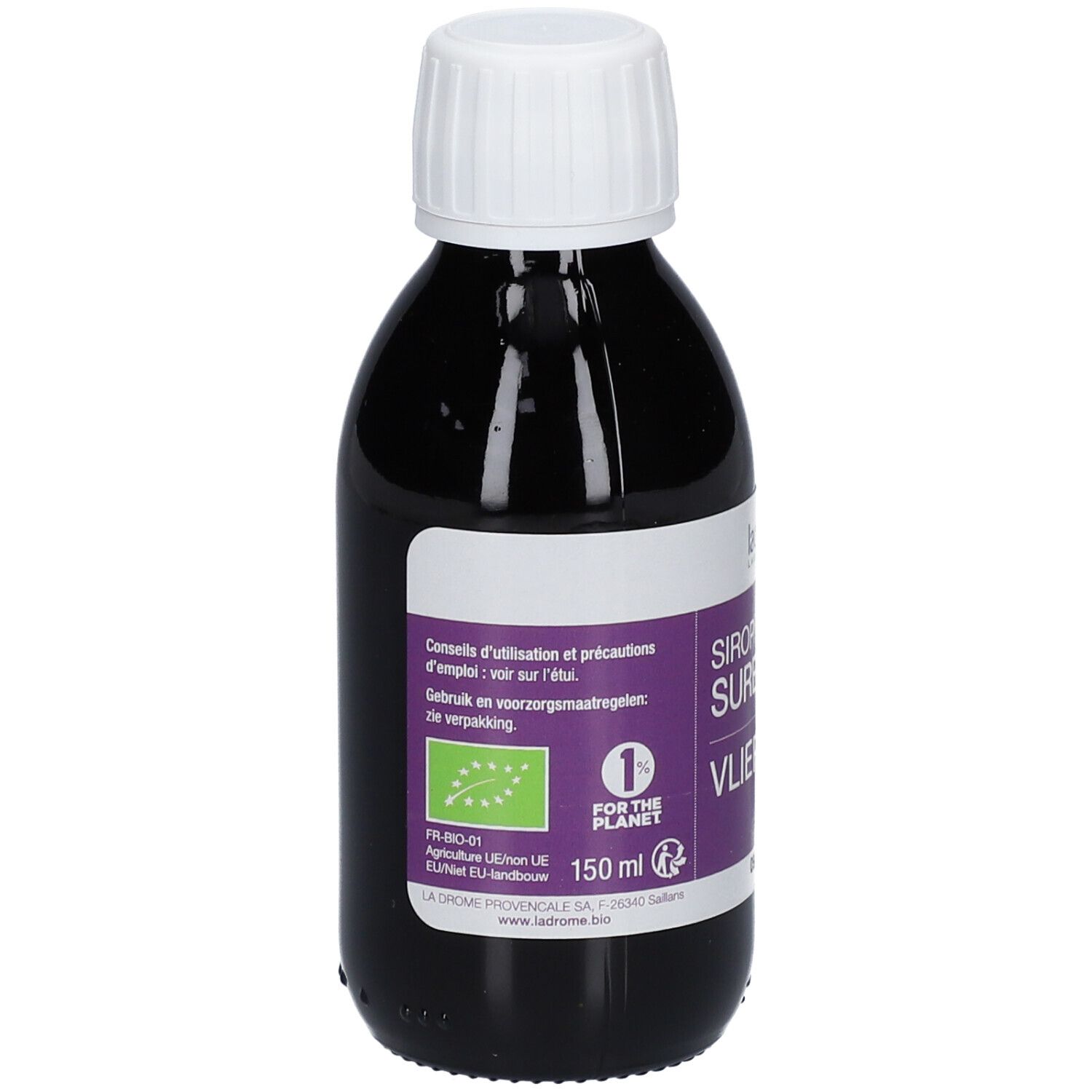 Bouteille avec liquide foncé. Inscription: Sirop Sureau, Vliersiroop. Label bio. 1% pour la planète.