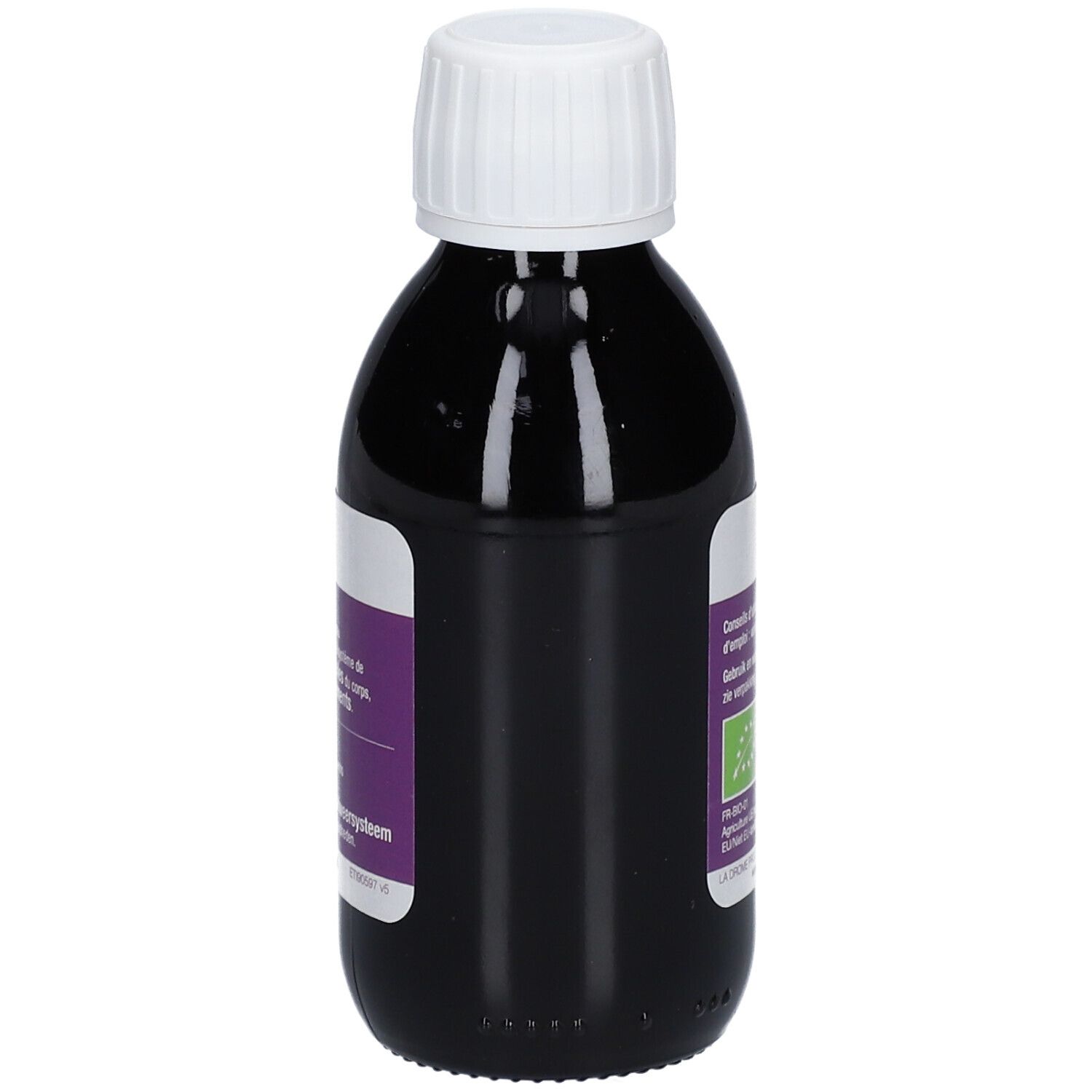 Bouteille avec liquide foncé. Inscription: Sirop Sureau, Vliersiroop. Label bio. 150 ml.