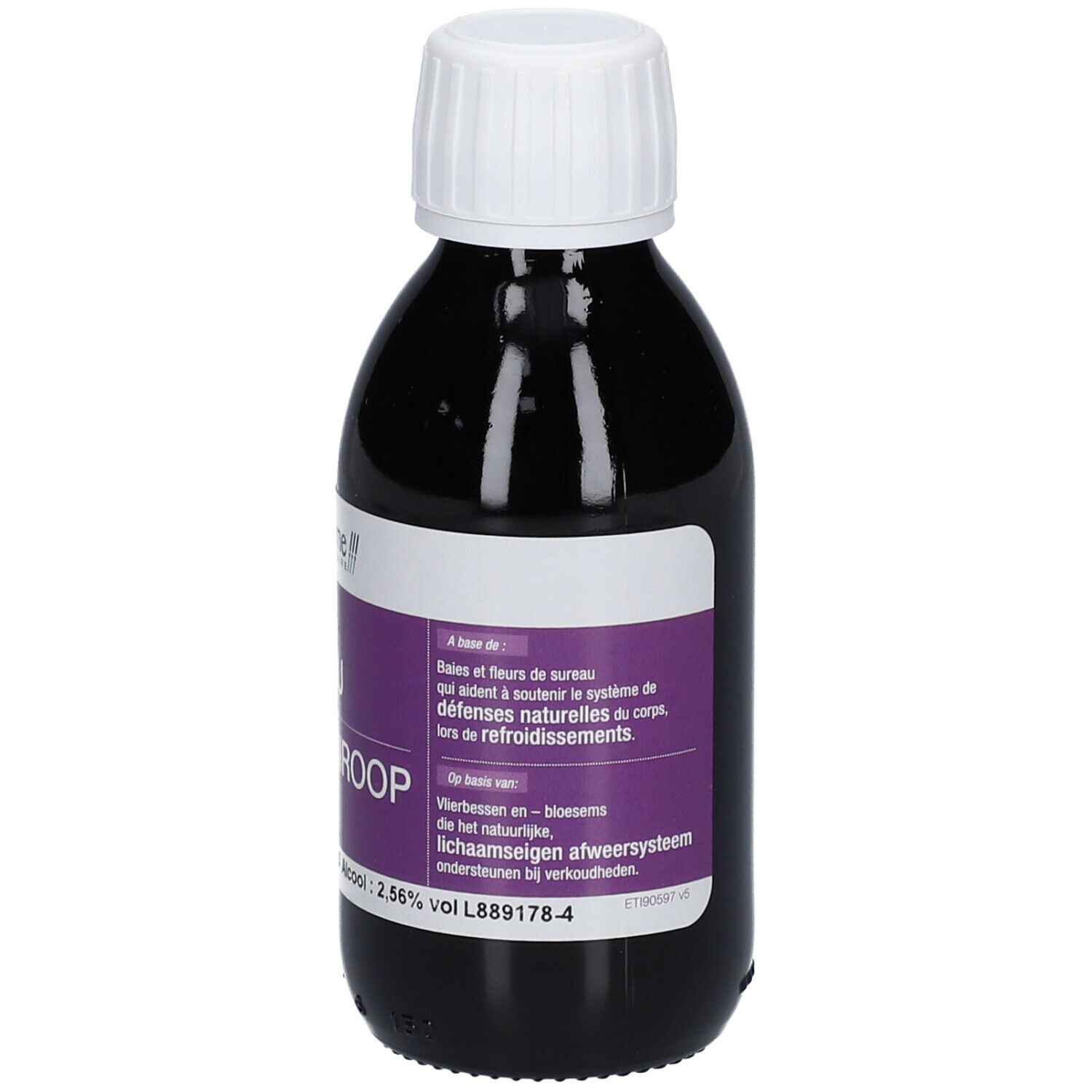 Bouteille avec liquide foncé. Inscription: Sirop Sureau, Vliersiroop. Label bio. 150 ml.