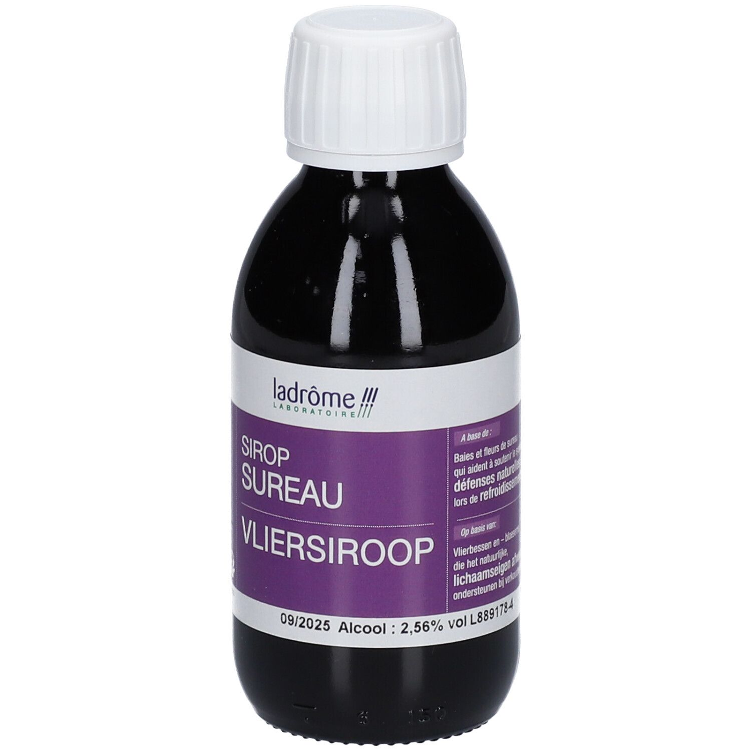 Bouteille avec liquide foncé. Inscription: Sirop Sureau, Vliersiroop. Label bio. Date de péremption 09/2025.