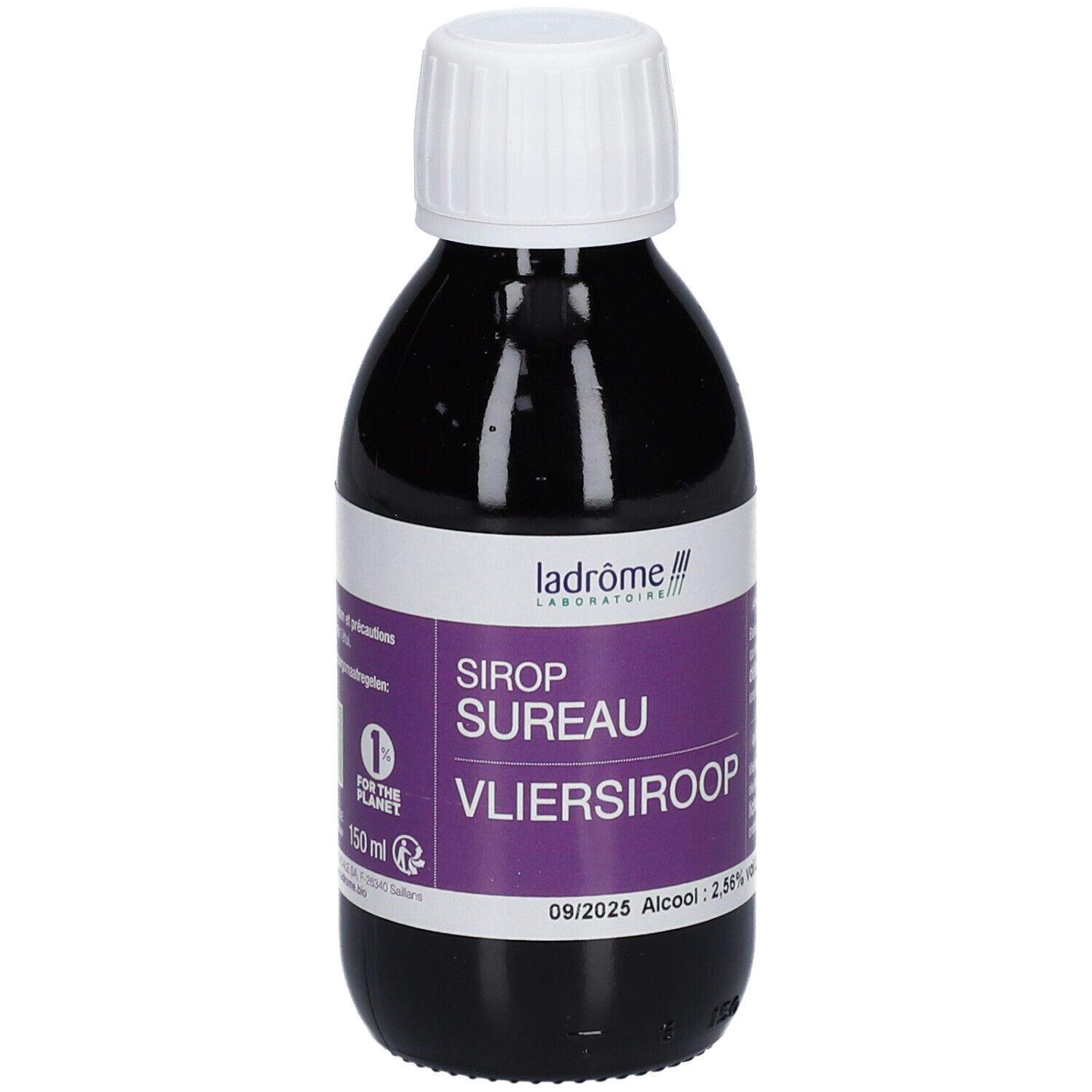 Bouteille avec liquide foncé. Inscription: Sirop Sureau, Vliersiroop. Label bio. 1% pour la planète.