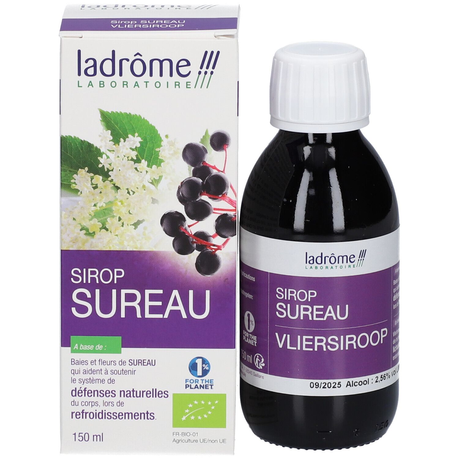 Bouteille et emballage. Inscription: Sirop Sureau, Vliersiroop. Label bio. 150 ml.