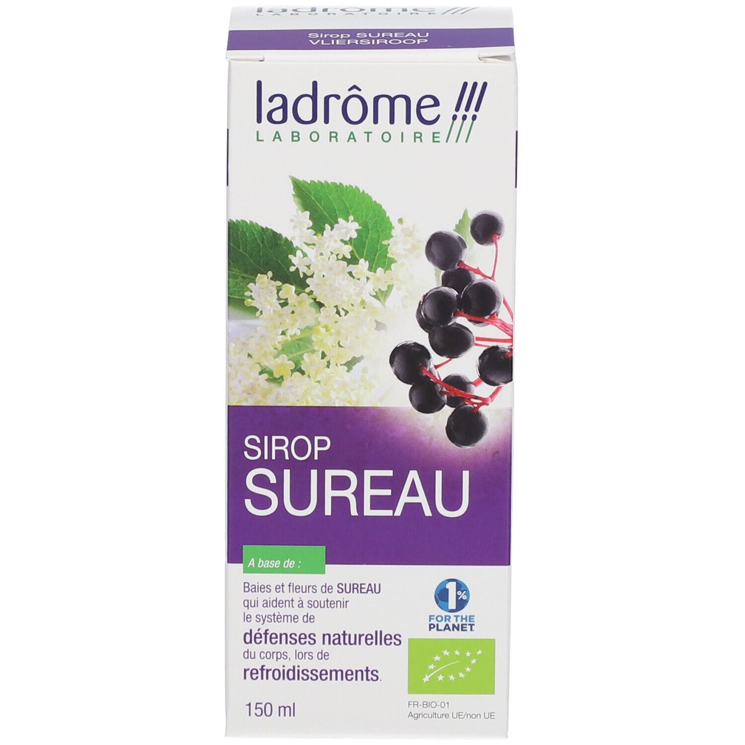 Emballage. Inscription: Sirop Sureau. Label bio. 150 ml. Illustration de fleurs et baies de sureau.