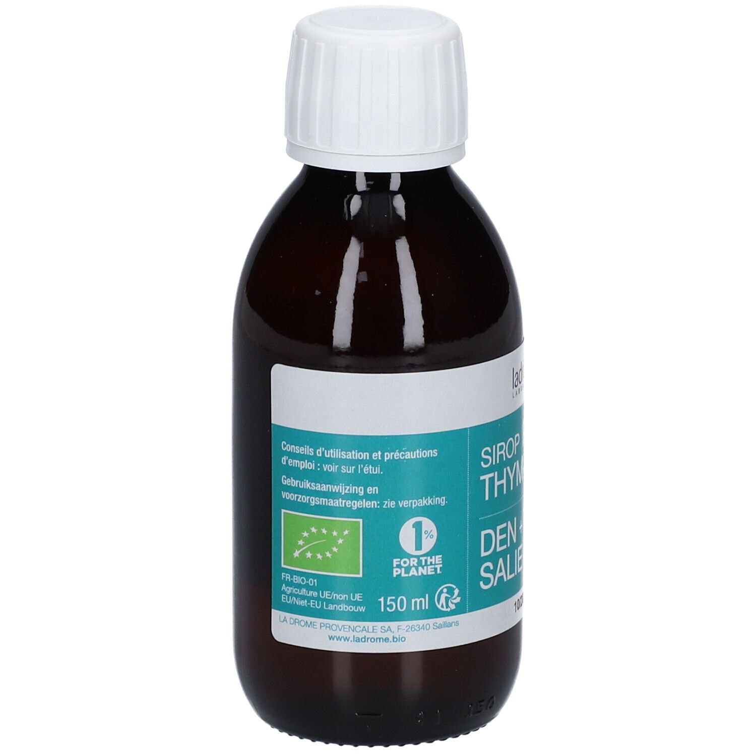Bruine glazen fles met witte dop. Etiket met productinfo en bio-keurmerk. 150 ml.