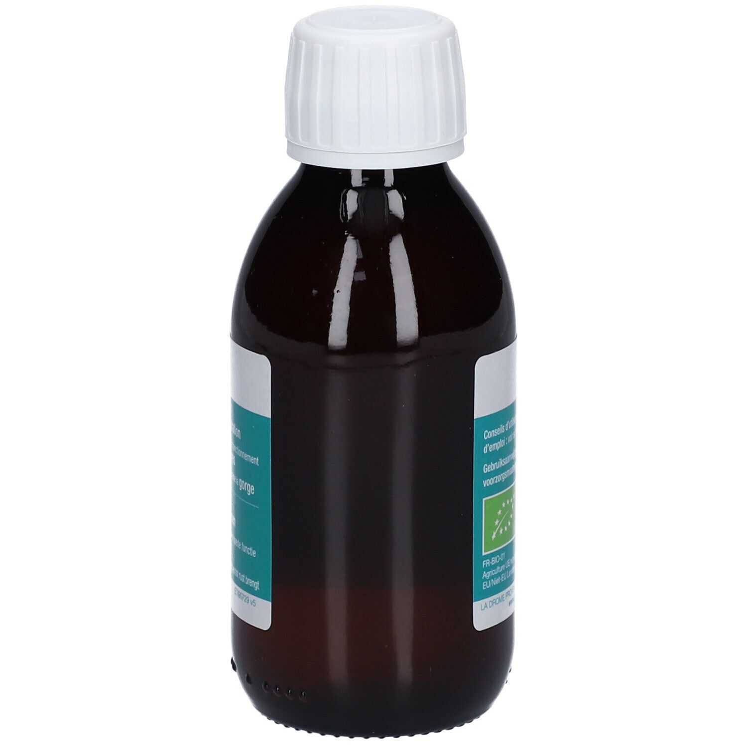 Bruine glazen fles met witte dop. Achterkant met productinfo en bio-keurmerk.