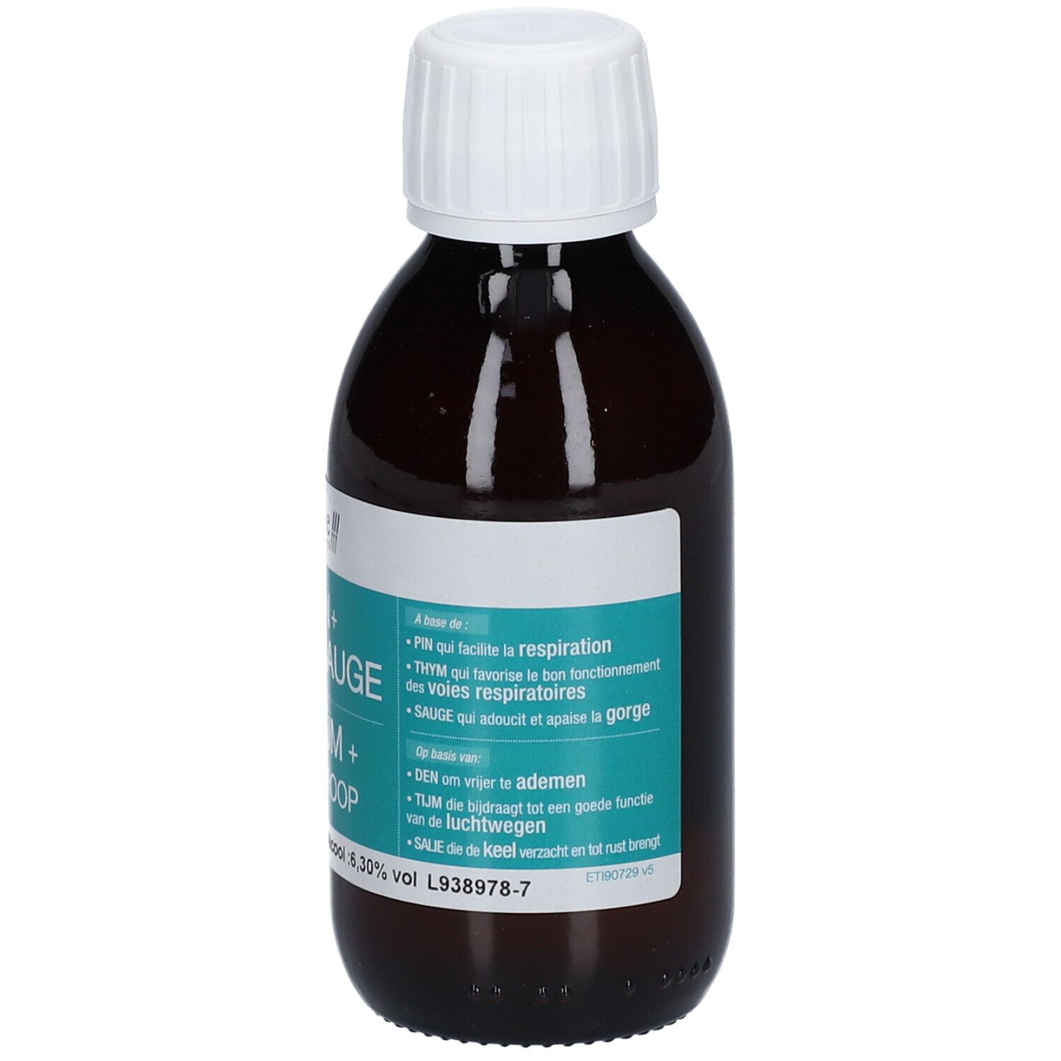 Bruine glazen fles met witte dop. Etiket met productnaam en ingrediënten. Meertalige tekst.