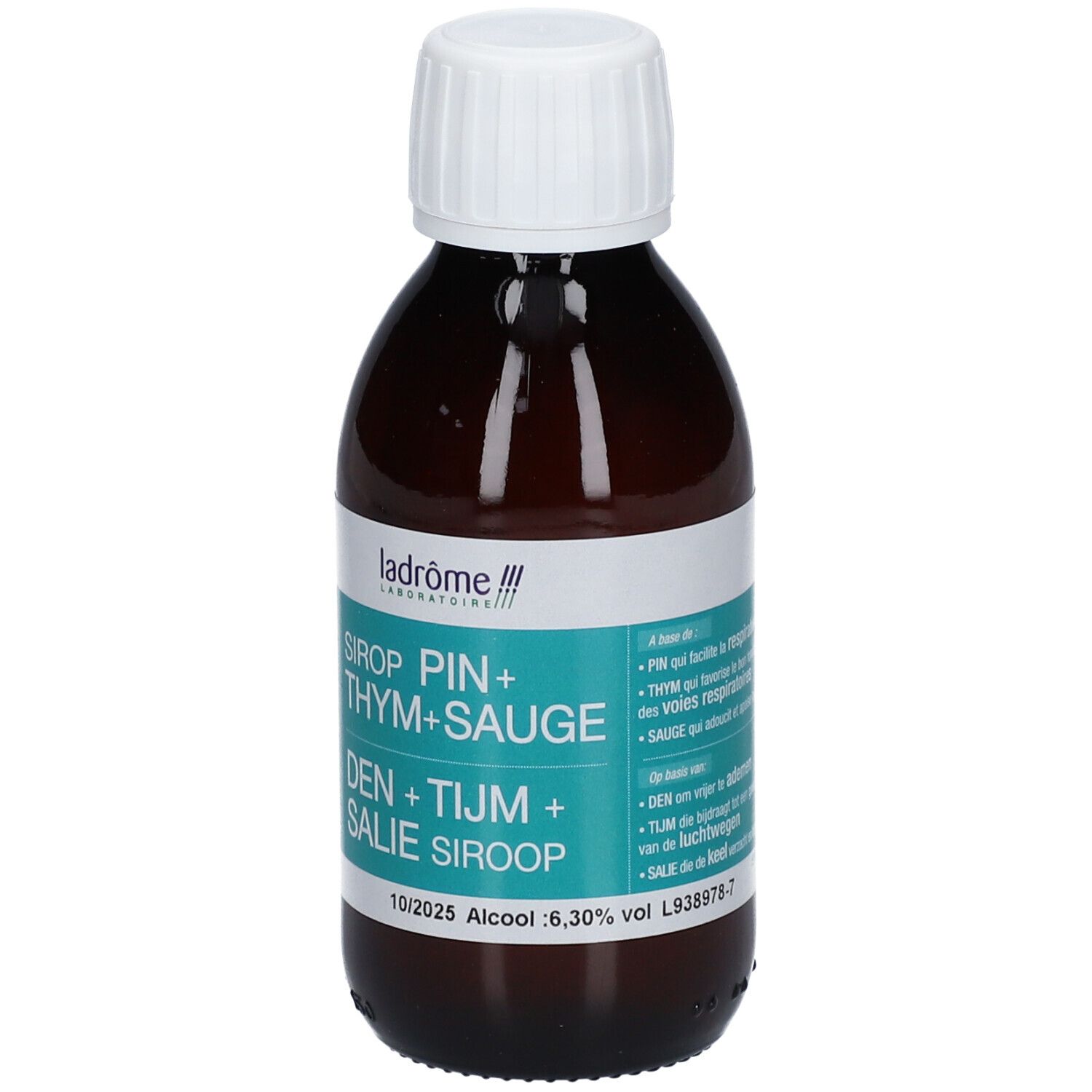 Bruine glazen fles met witte dop. Etiket met productnaam en merk. Houdbaarheidsdatum 10/2025.