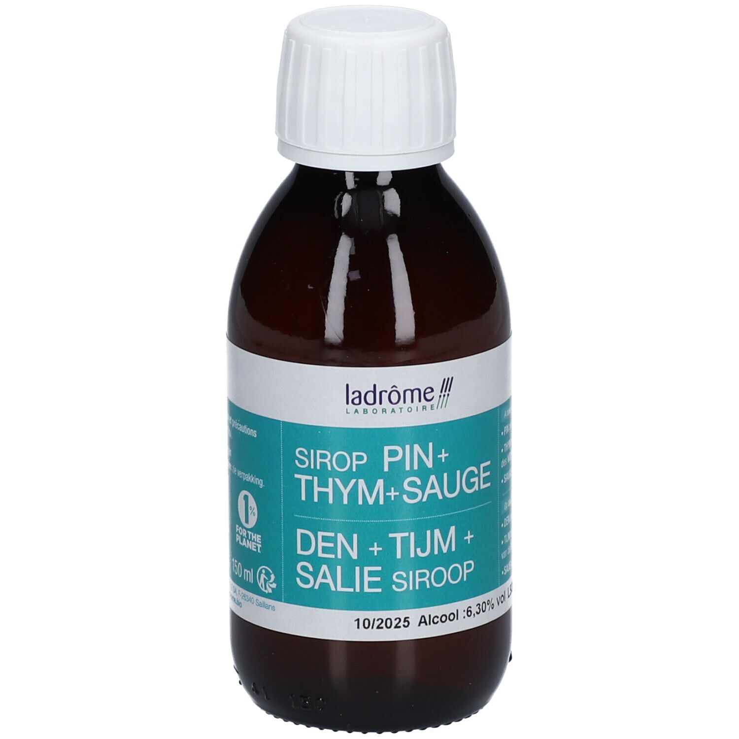 Bruine glazen fles met witte dop. Etiket met productnaam en merk. 150 ml.