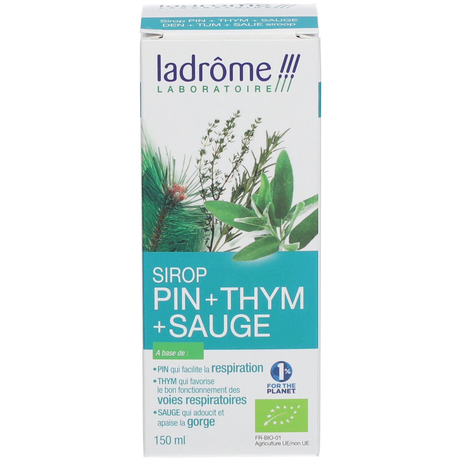 Productverpakking. Doos met productnaam, merk en illustraties van planten. 150 ml.
