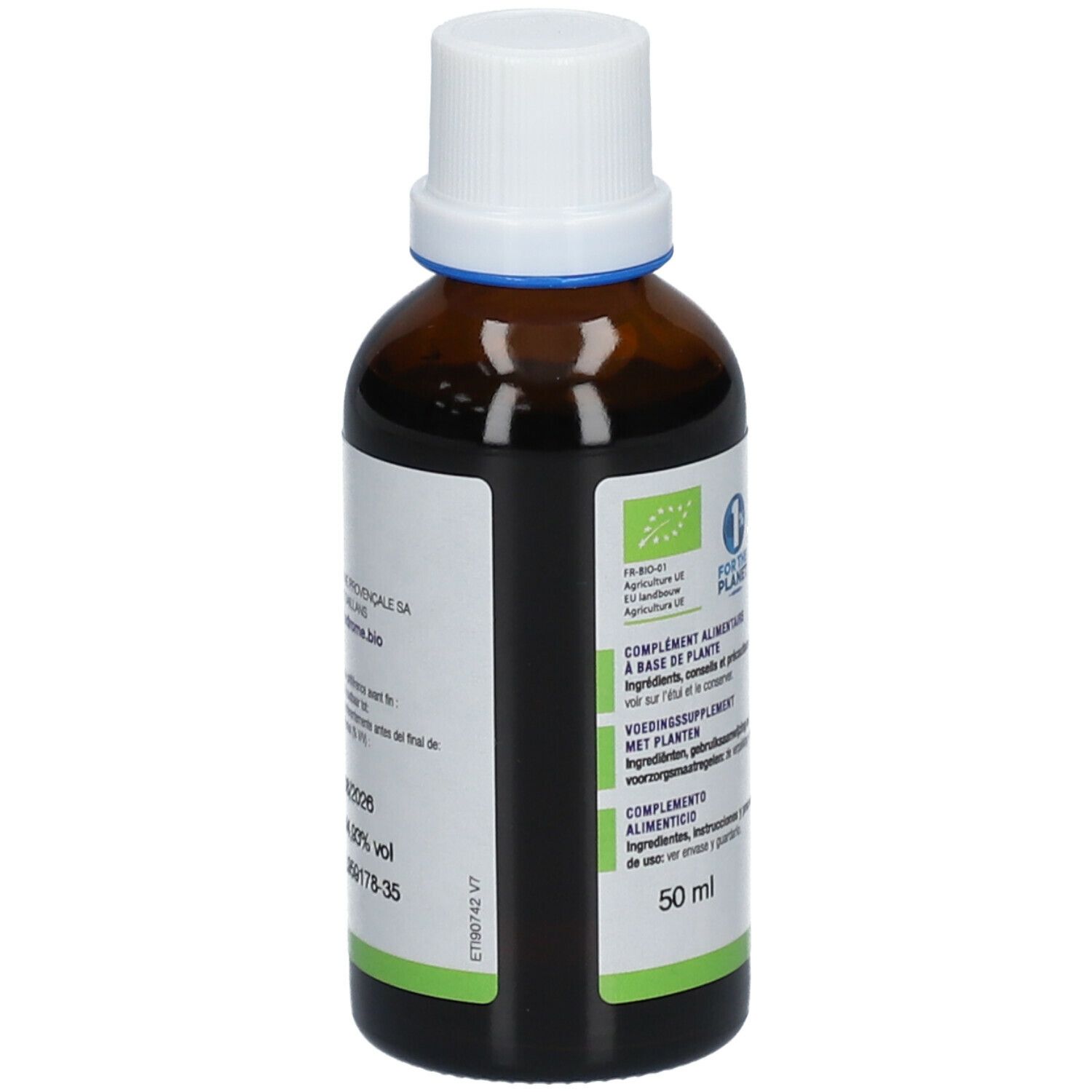 Bruine glazen fles met witte dop. Etiket met tekst, bio-keurmerk en 50 ml. Bevat ook het label '1% for the Planet'.