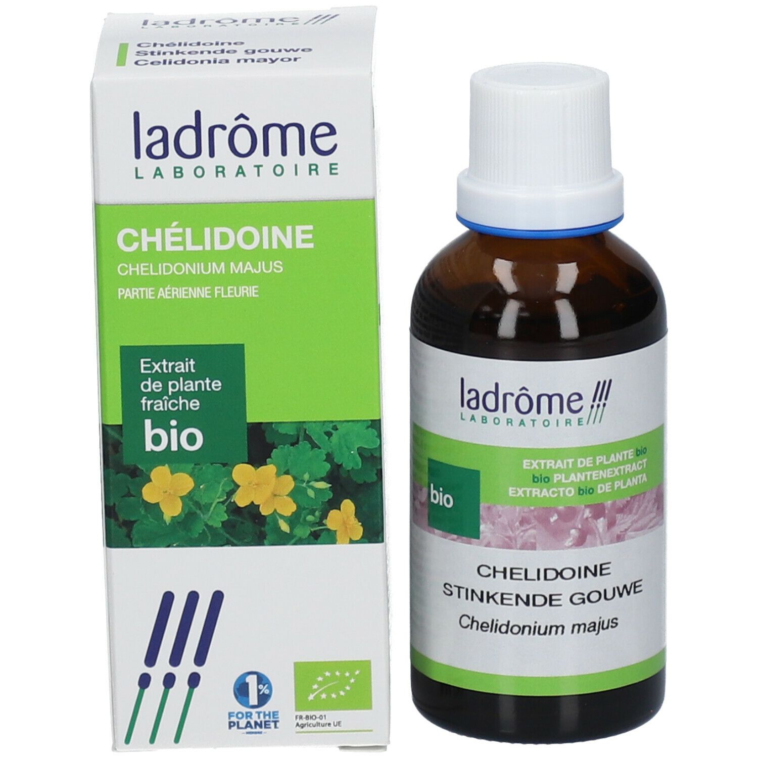 Bruine glazen fles en doos. Fles met witte dop en etiket. Doos met productnaam, merk en bio-keurmerk.