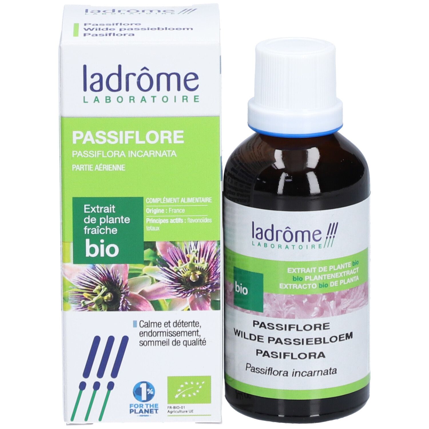 Flacon en verre brun et boîte. Les deux avec informations produit, logo et certification bio.