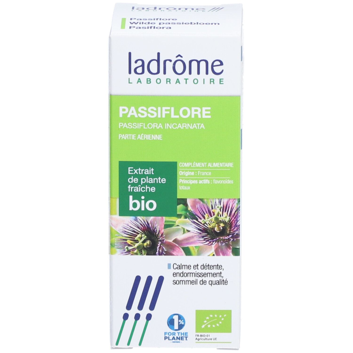 Boîte avec informations produit, logo et certification bio. Face avant avec image du produit.