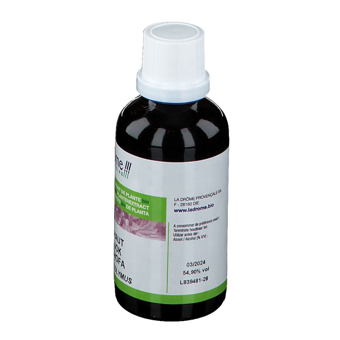 Braune Glasflasche mit weißem Deckel und Etikett. Bio-Siegel und Produktbezeichnung.