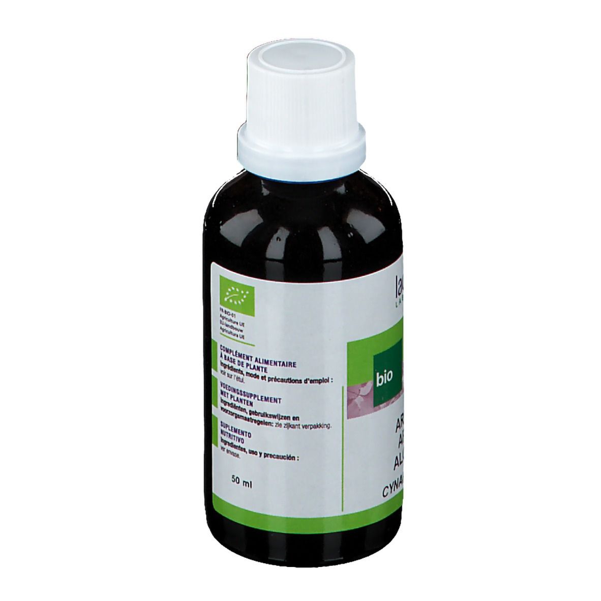 Braune Glasflasche mit weißem Deckel und Etikett. Bio-Siegel und Produktbezeichnung.