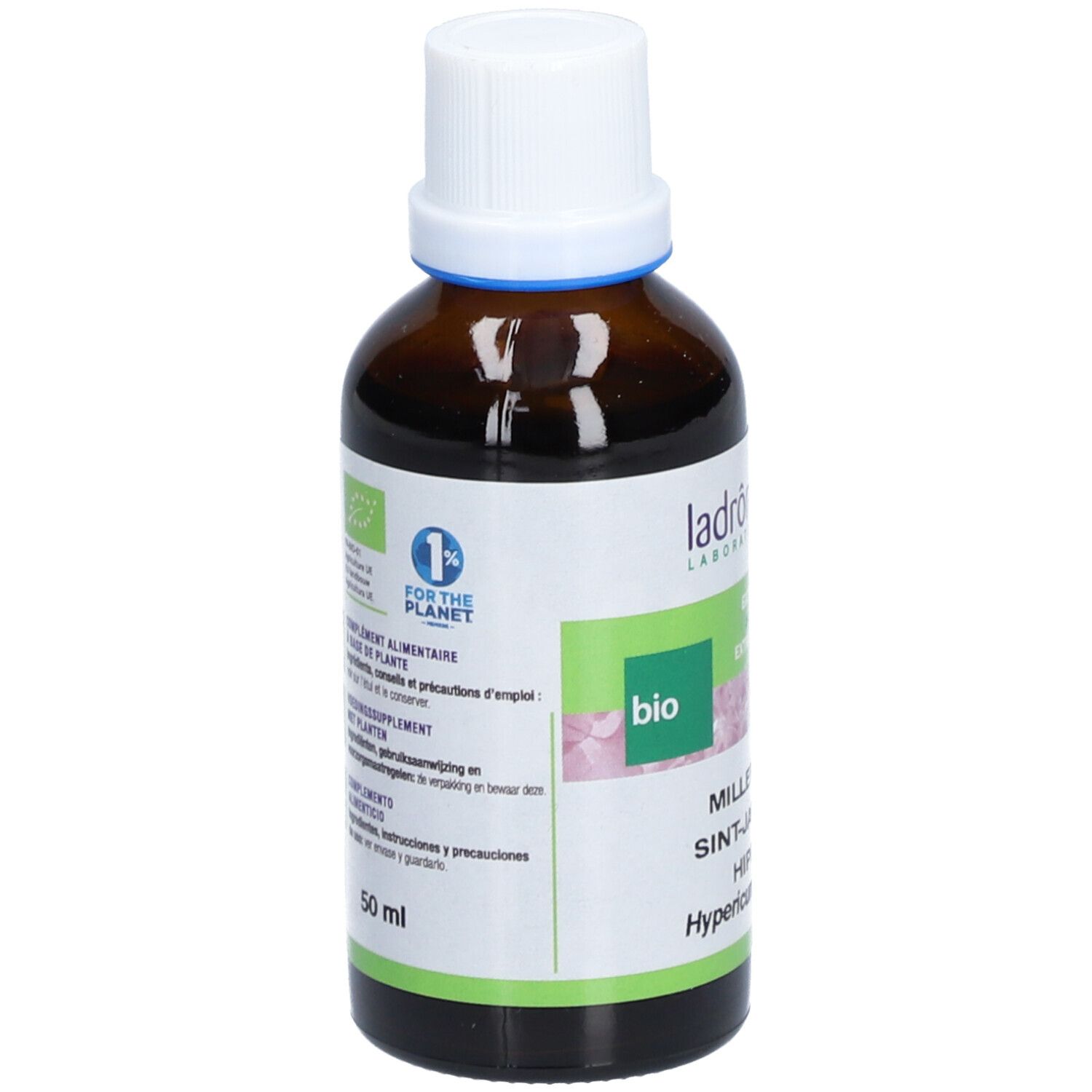 Flacon en verre brun avec bouchon blanc. Étiquette avec texte, dont "Millepertuis" et "bio". 50 ml.
