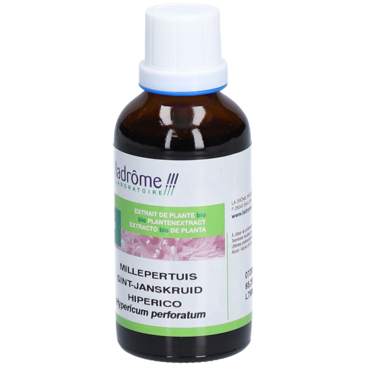 Flacon en verre brun avec bouchon blanc. Étiquette avec texte, dont "Millepertuis" et "Hypericum perforatum".