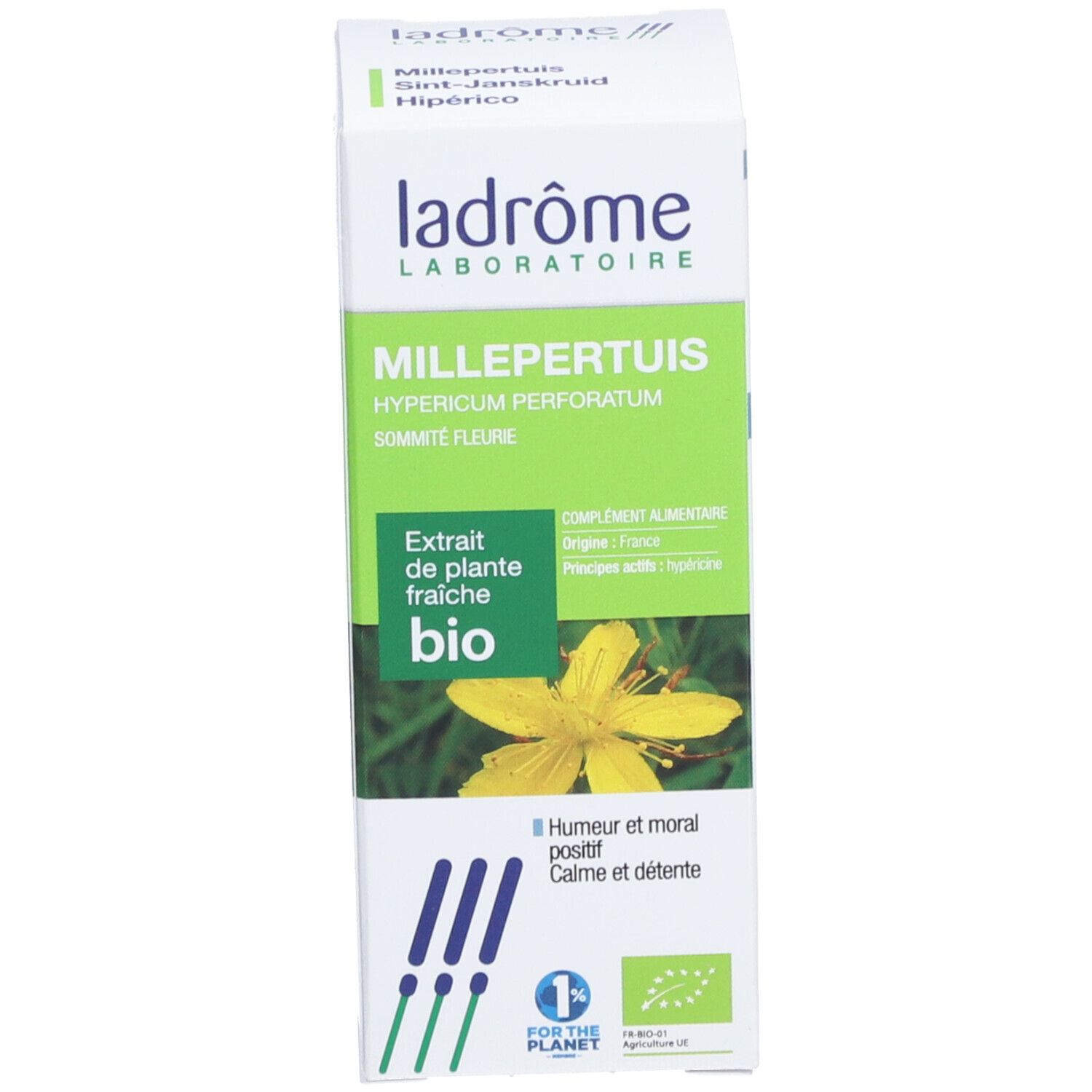 Emballage du produit avec texte "Millepertuis". Illustration d'une fleur jaune. Logo "1% for the planet".