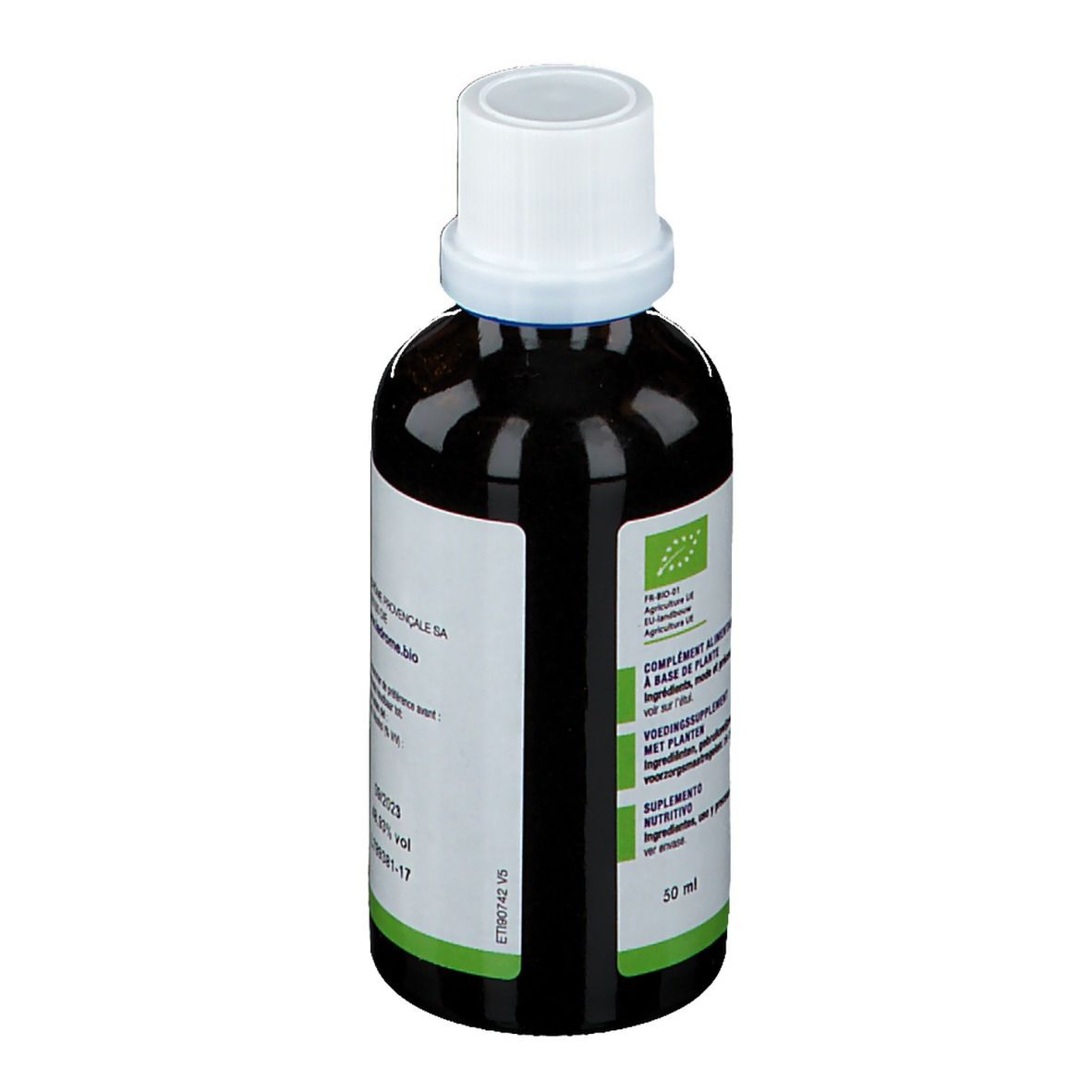 Braune Glasflasche mit weißem Deckel. Etikett mit Text. Bio-Zertifizierung. Enthält Informationen über die Zusammensetzung. Volumen: 50 ml.