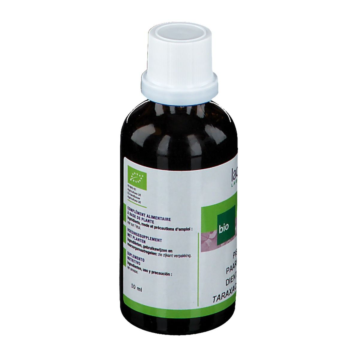 Braune Glasflasche mit weißem Deckel. Etikett mit Text. Bio-Zertifizierung. Produktname: Pissenlit, Paardenbloem, Diente de Leon, Taraxacum Officinale. Volumen: 50 ml.