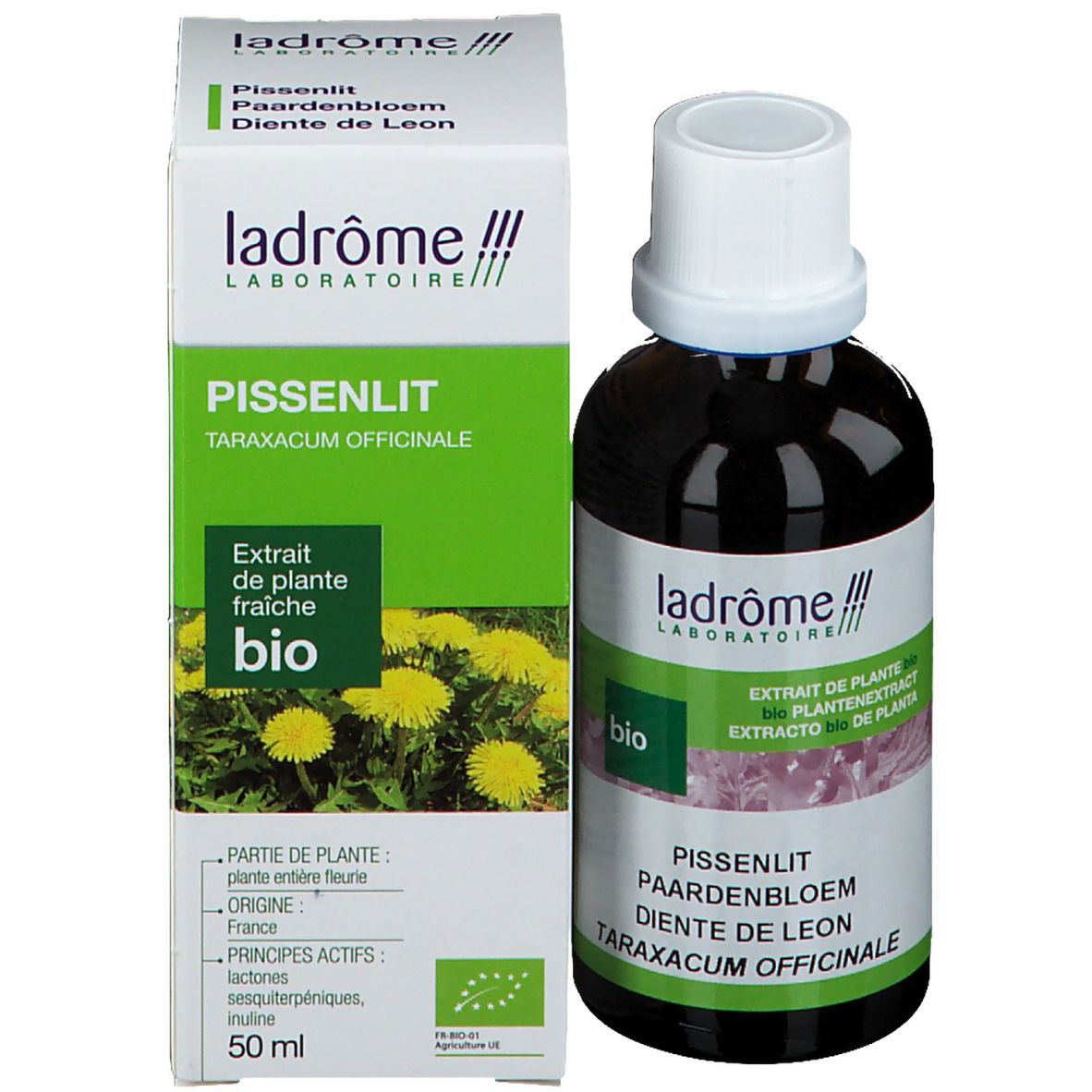Braune Glasflasche und Karton. Flasche mit weißem Deckel und Etikett. Karton mit Text, Logo und Bio-Zertifizierung. Produktname: Pissenlit, Taraxacum Officinale.