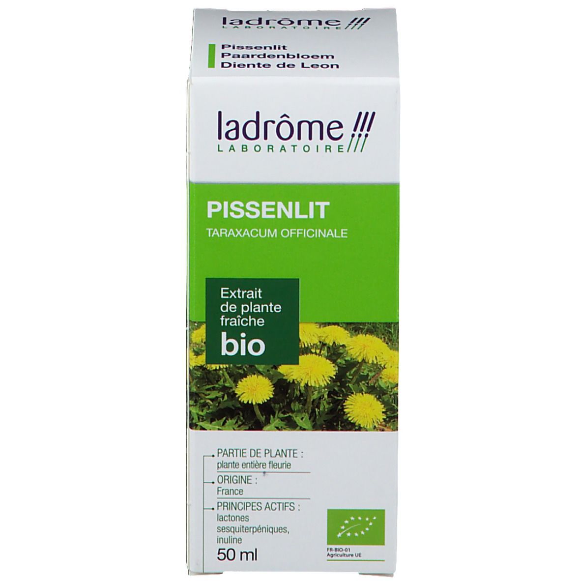 Karton mit Text, Logo und Bio-Zertifizierung. Produktname: Pissenlit, Taraxacum Officinale. Abbildung von Löwenzahnblüten. Volumen: 50 ml.