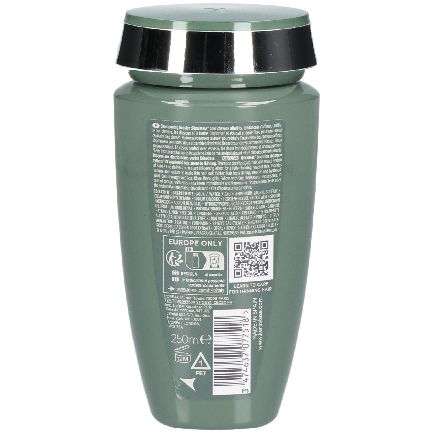 Rückseite der Kérastase Genesis Homme Bain de Masse Épaississant Shampooing Flasche, 250ml. Enthält Produktinformationen und Barcode.