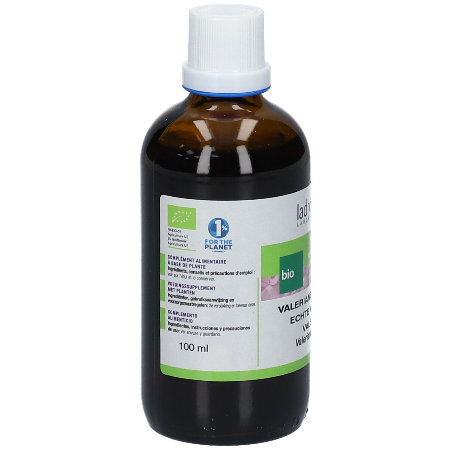 Flacon en verre brun avec bouchon blanc. Étiquette avec nom du produit, label bio et 100 ml. Texte: Valériane Officinale.