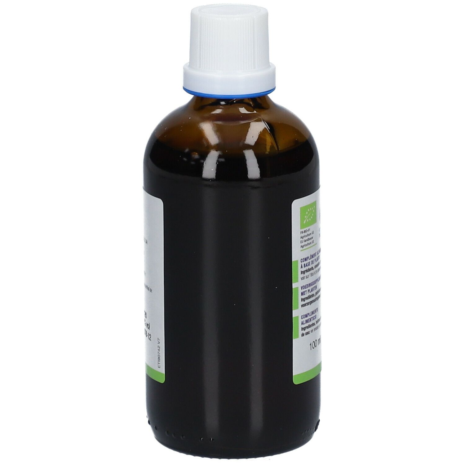 Flacon en verre brun avec bouchon blanc. Étiquette avec informations produit et label bio. Vue arrière.