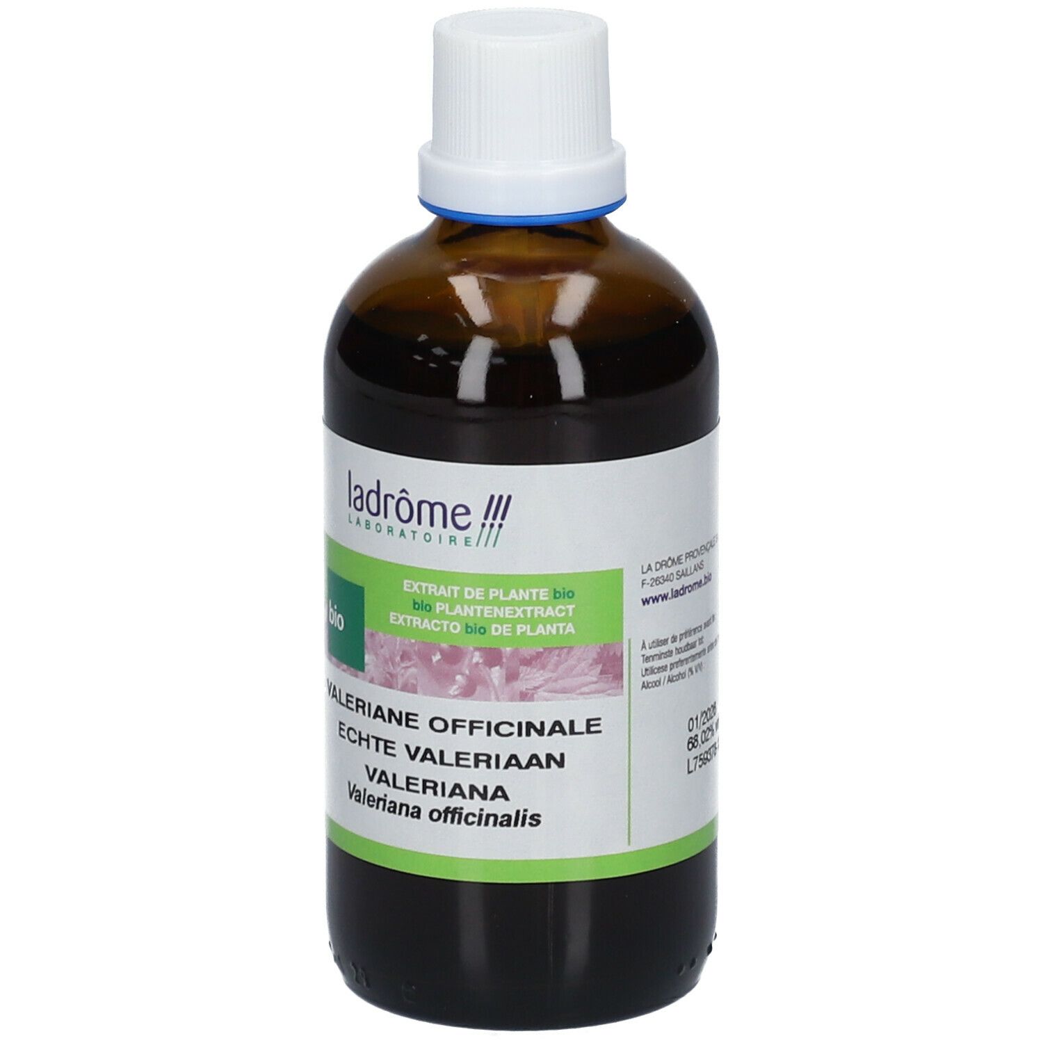 Flacon en verre brun avec bouchon blanc. Étiquette avec nom du produit et label bio. Texte: Valériane Officinale.