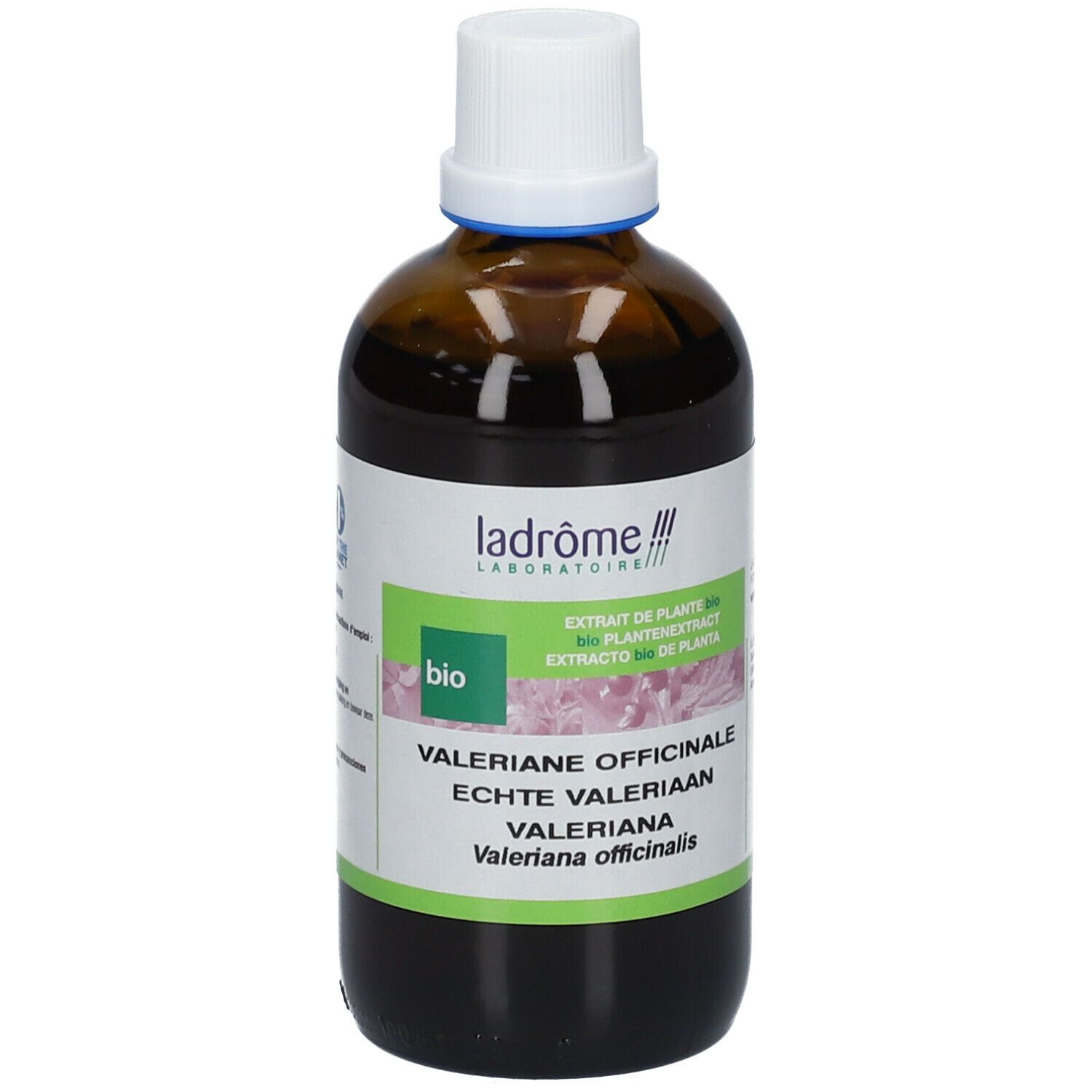 Flacon en verre brun avec bouchon blanc. Étiquette avec nom du produit et label bio. Texte: Valériane Officinale.