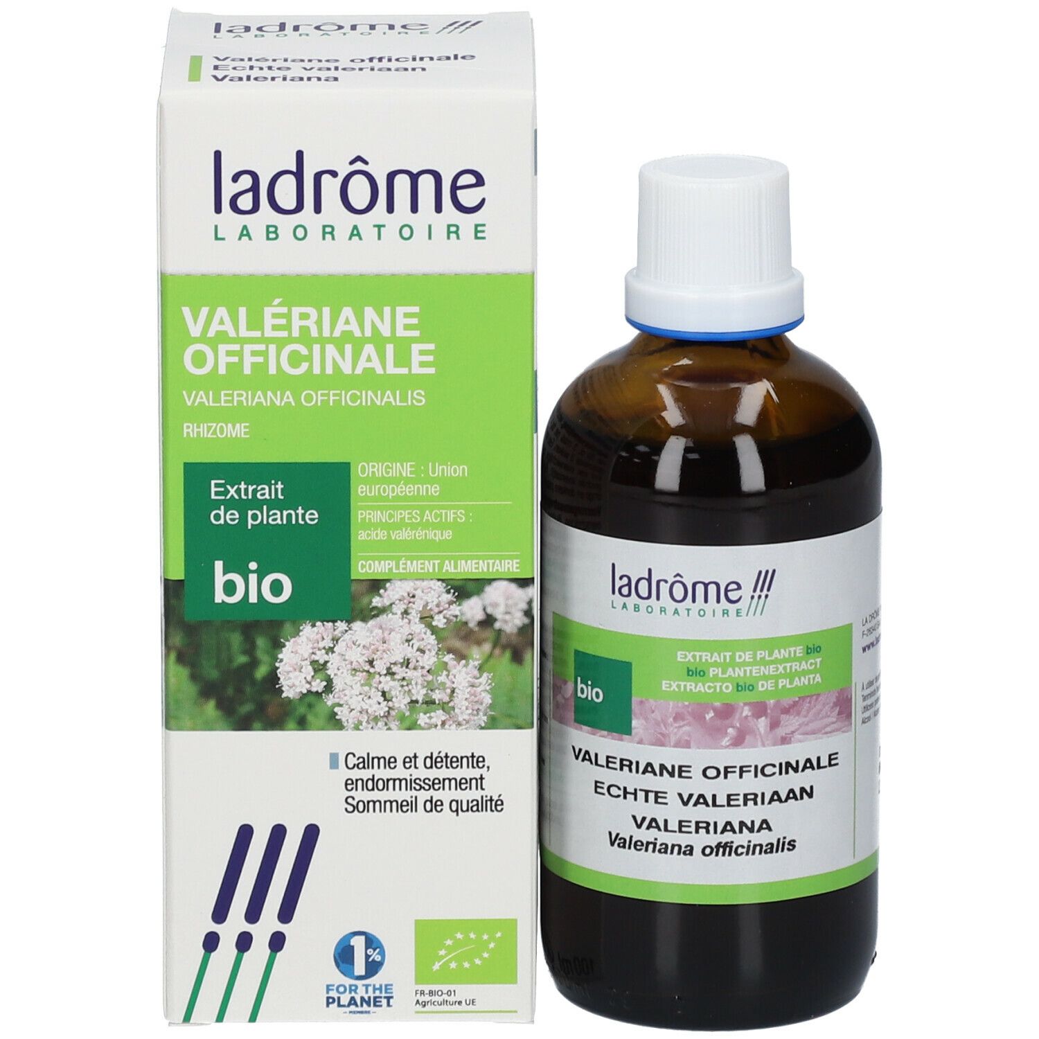 Flacon du produit à côté de l'emballage. Emballage avec nom du produit, label bio et motif floral.